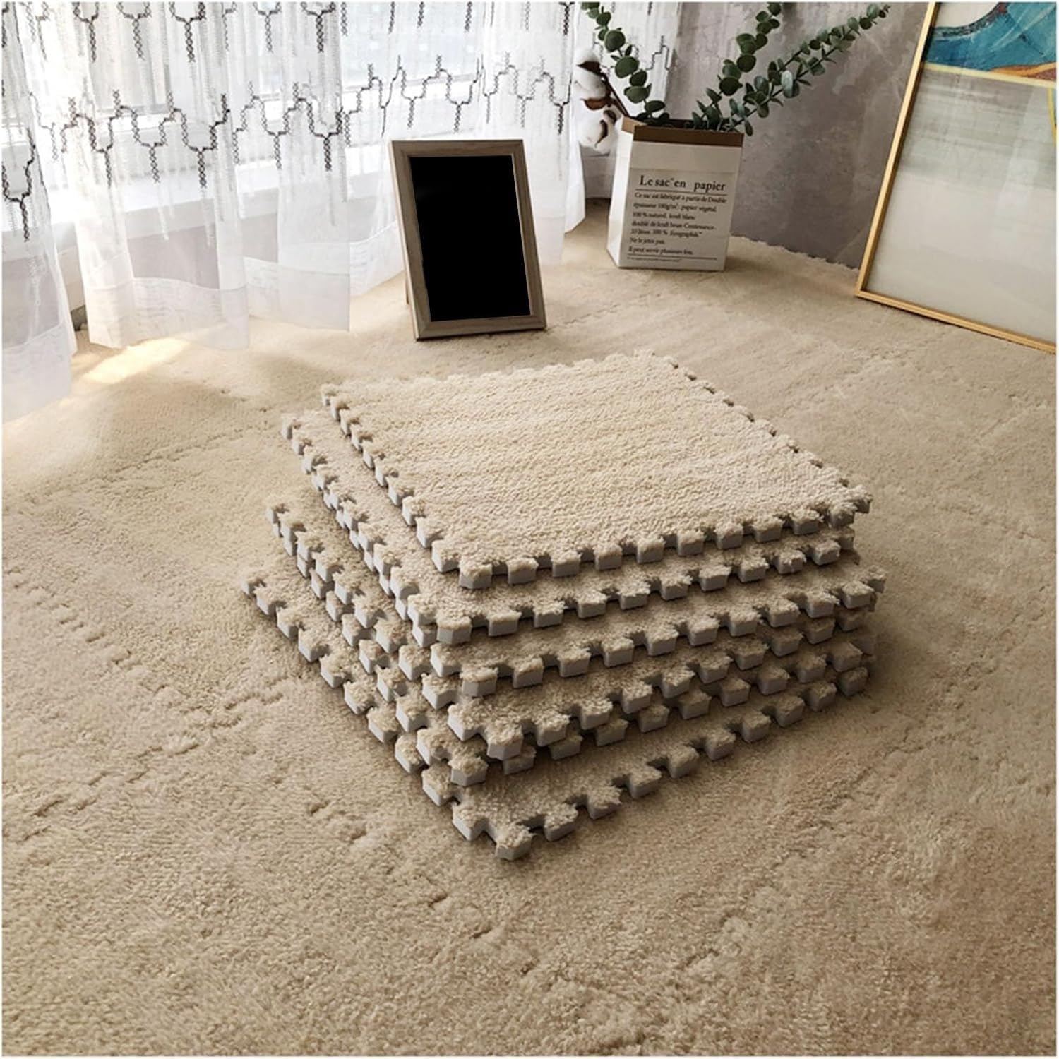 JvFbjLF Plush Foam Floor Mat 12x12inch Square Foam Playmat Fluffy Interlocking Foam Tiles(Light Brown,20pcs)