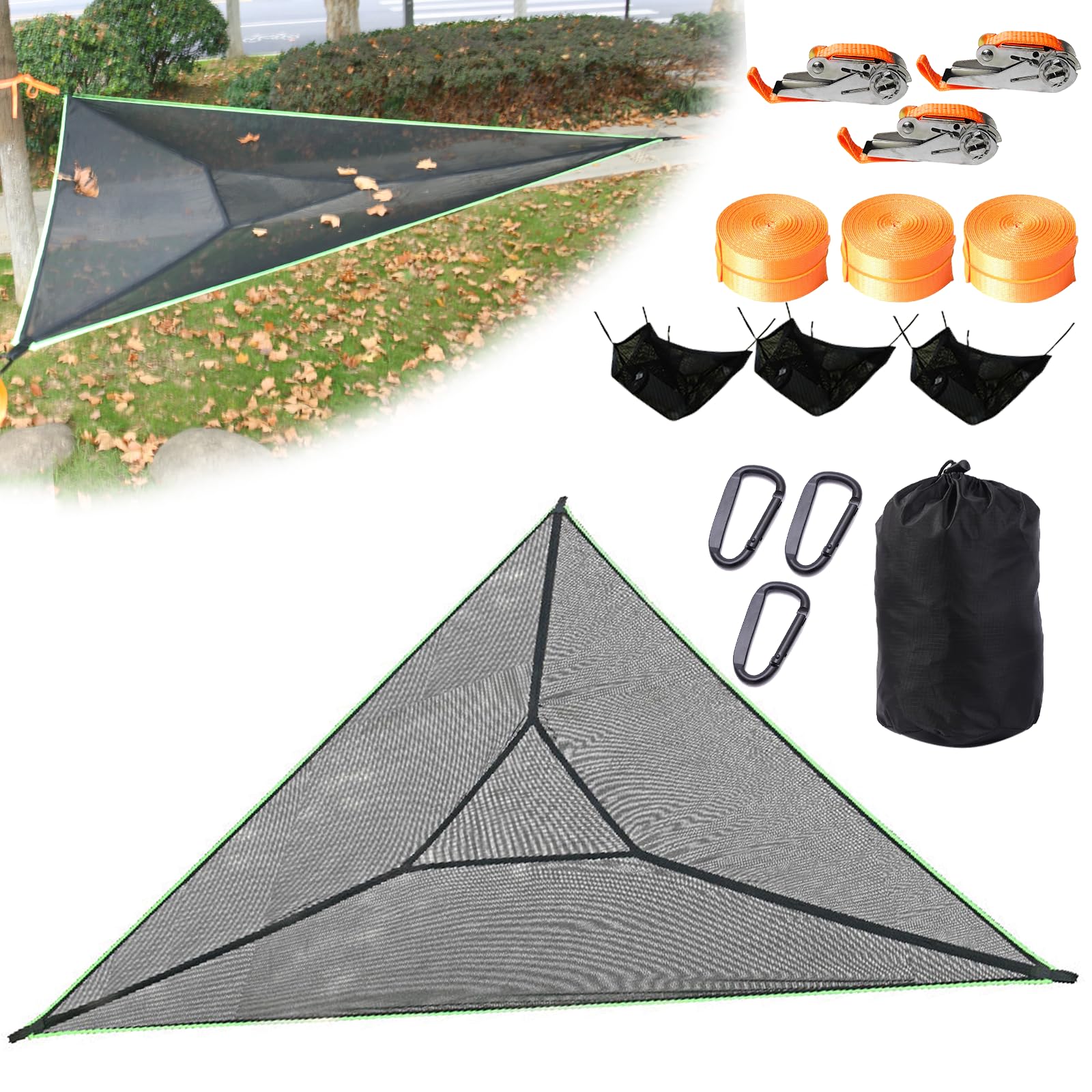 Triangle Hammock Camping Hammock for Outside Portable Outdoor Travel Multi Person Tree Hammock with 3 Ratchet Tie Down Straps & Net Pocket Max 1000 lbs for 2-6 Adult Kid