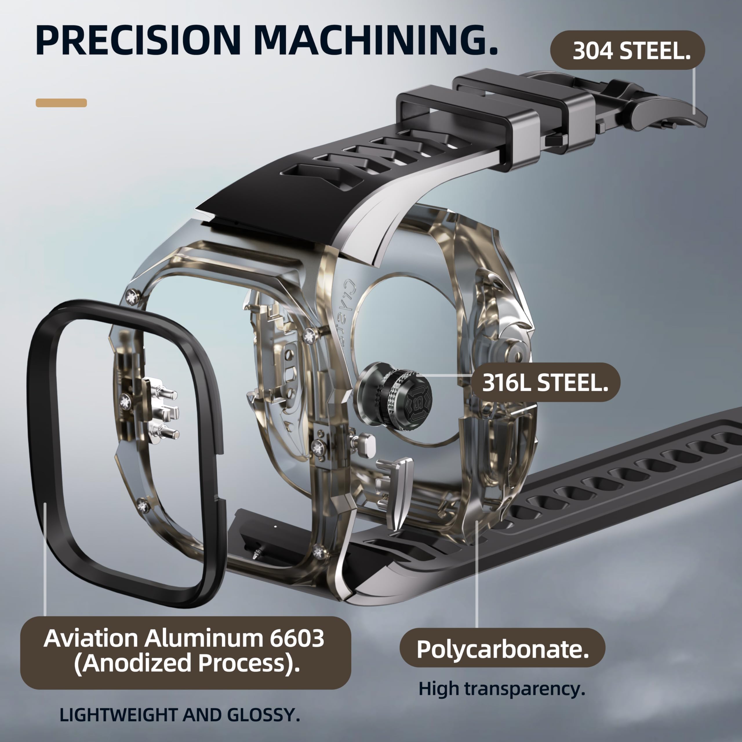 Przezroczyste, designerskie wytrzymałe etui z paskiem kompatybilne z Apple Watch Ultra 3/Ultra2 49 mm, krystalicznie czysta wojskowa osłona ochronna, zderzak taktyczny pasek iWatch Ultra