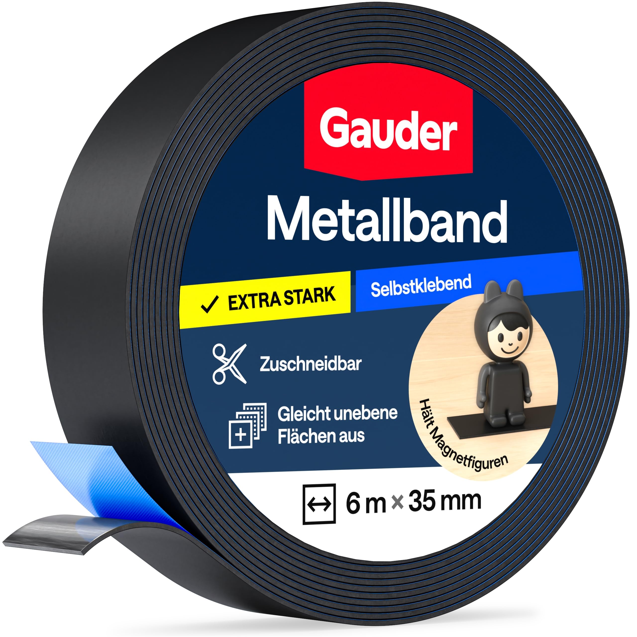 GAUDER Metallband selbstklebend - Magnethaftband für Tonie®-Figuren & -Regale - Ferroband & Eisenband zum Basteln und Organisieren (6 m x 35 mm - schwarz)