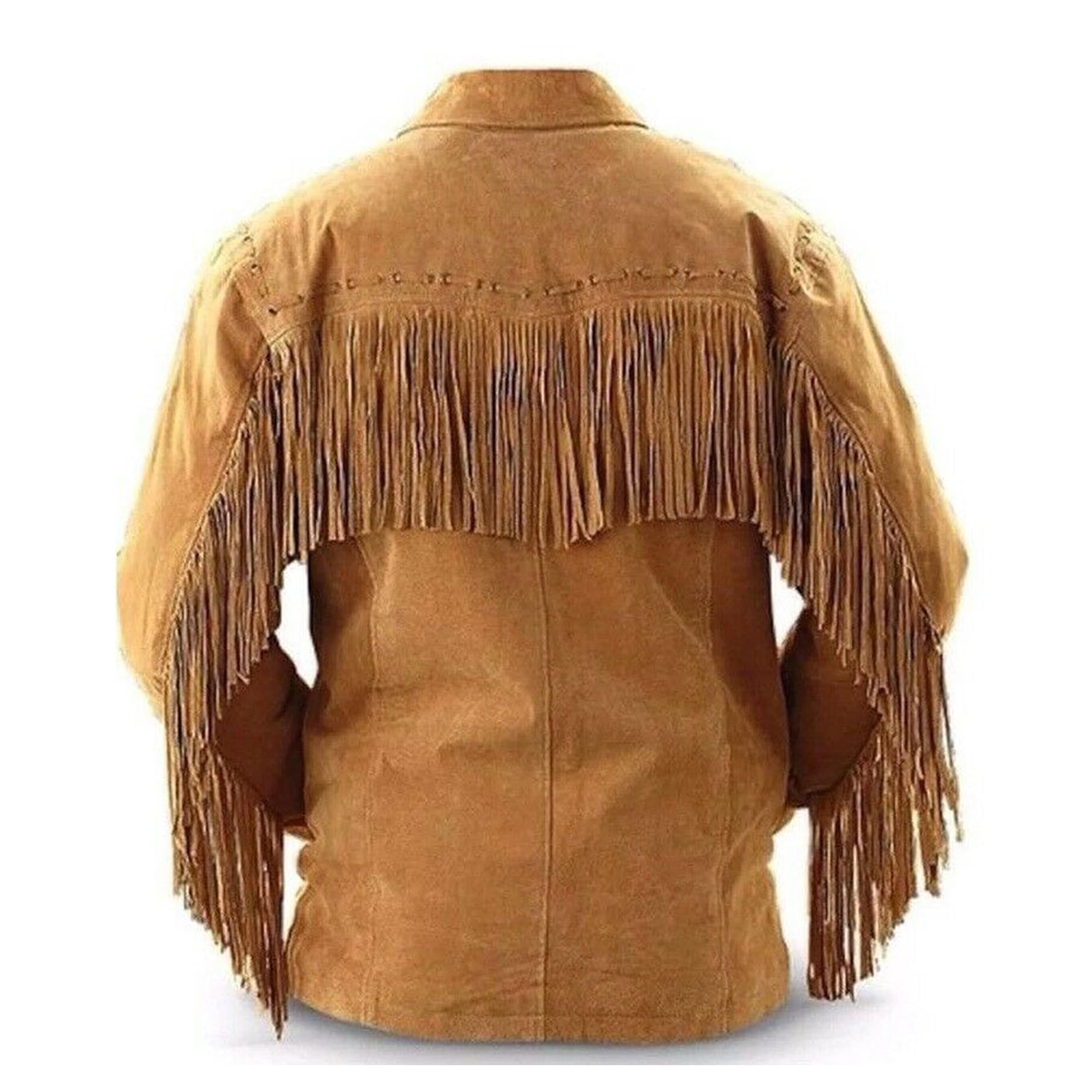 Chaqueta vaquera tradicional occidental para hombre, chaqueta de piel de ante marrón con borlas de flecos