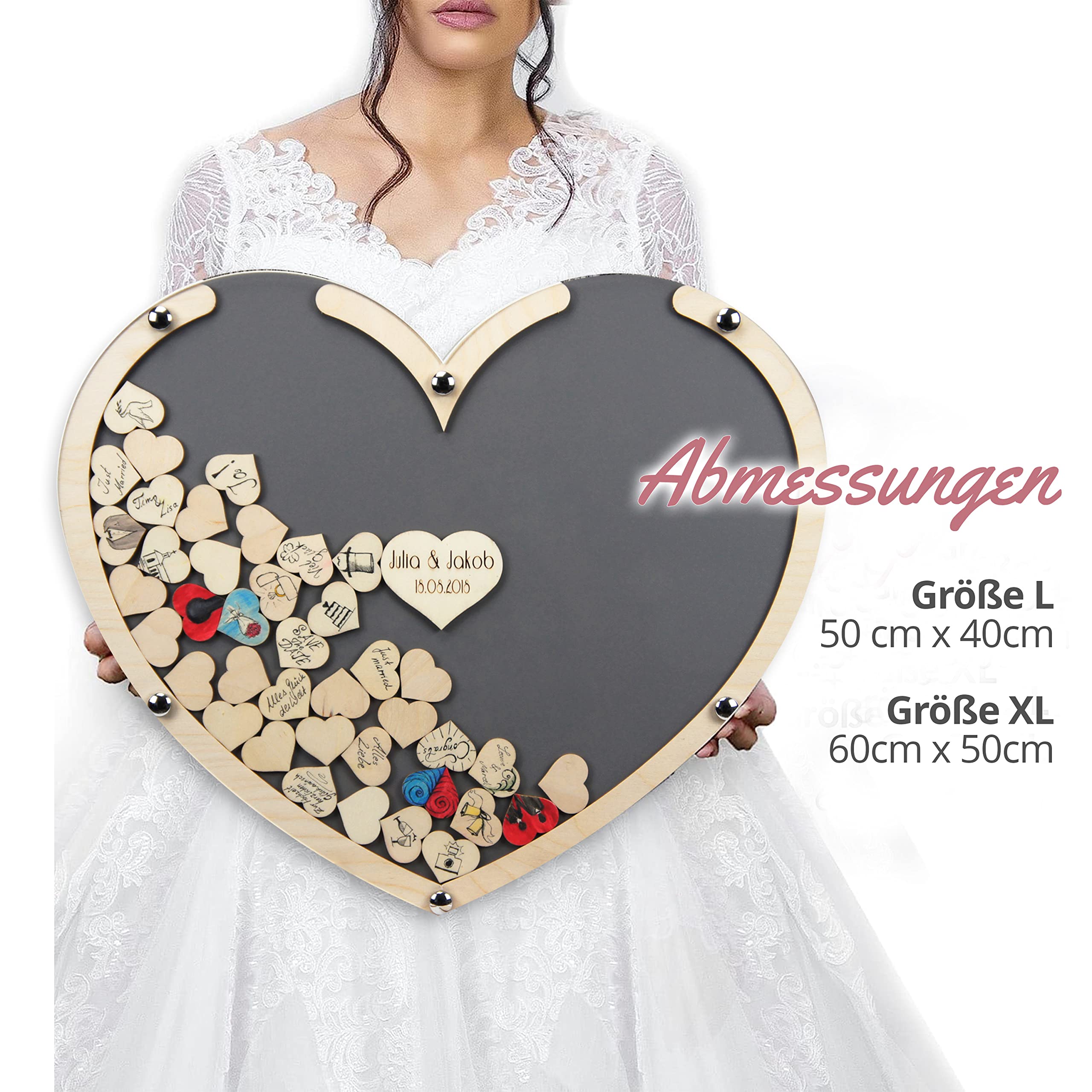 Holzherz Grau | Gästebuch personalisiert 50x42x1,5cm | inkl. 100 Herzen zum Beschriften | Hochzeitsgästebuch mit Acrylglas | Der Hingucker Made in Germany!