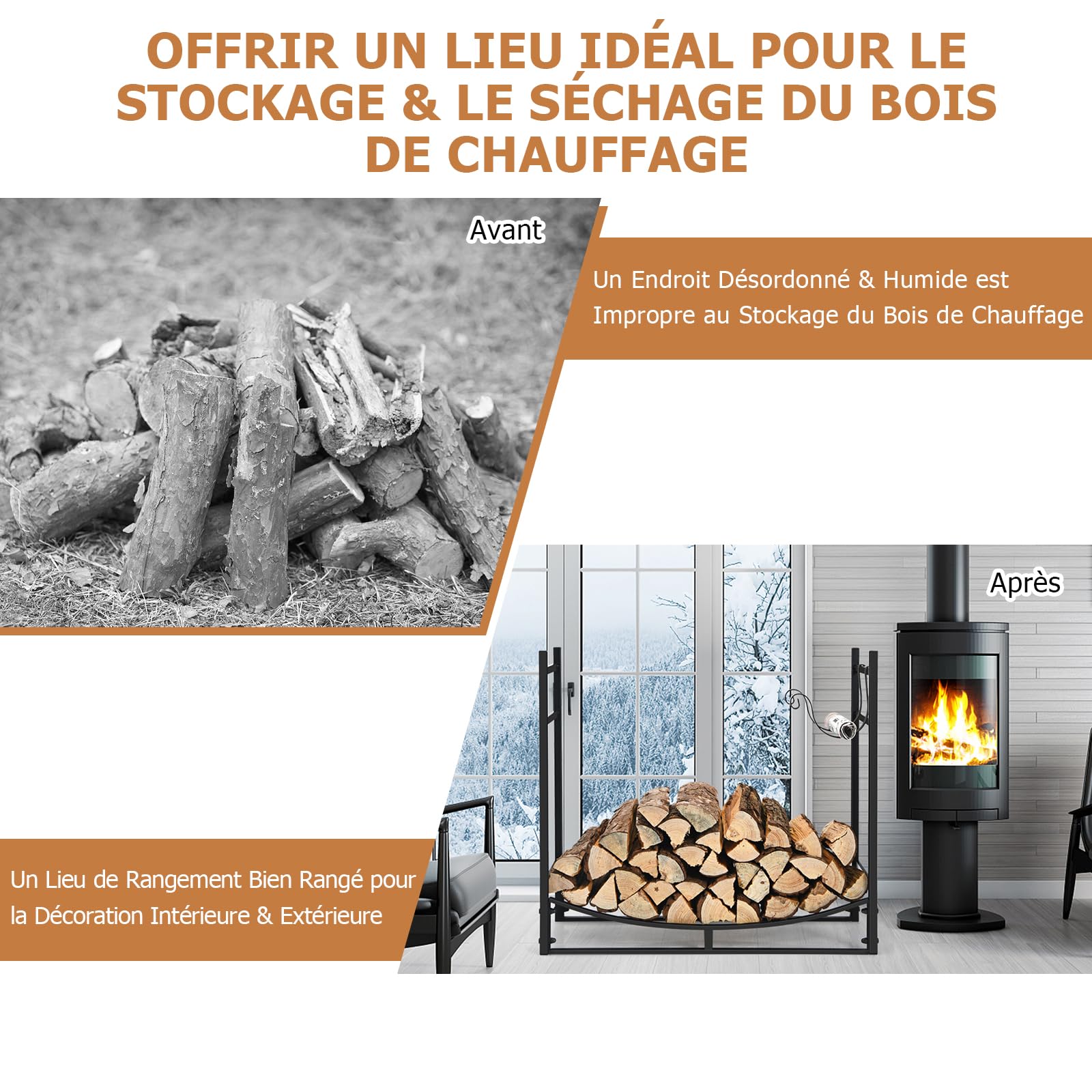 GOPLUS Range Bûches Cheminée, Porte Buches de Bois de Chauffage Intérieur Extérieur avec Support Amovible Pour Bois d'Allumage Charge 50 kg 84 x 33 x 76 cm - 5