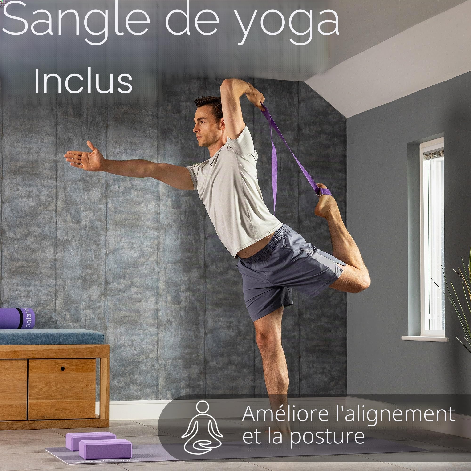 Core Balance - Lot 2 Blocs de Yoga + 1 Sangle - Brique Confort, Robuste, Légère en Mousse EVA Haute Densité pour Stretching, Fitness, Pilates - Ceinture Coton avec Boucle de Serrage D, 5 Couleurs