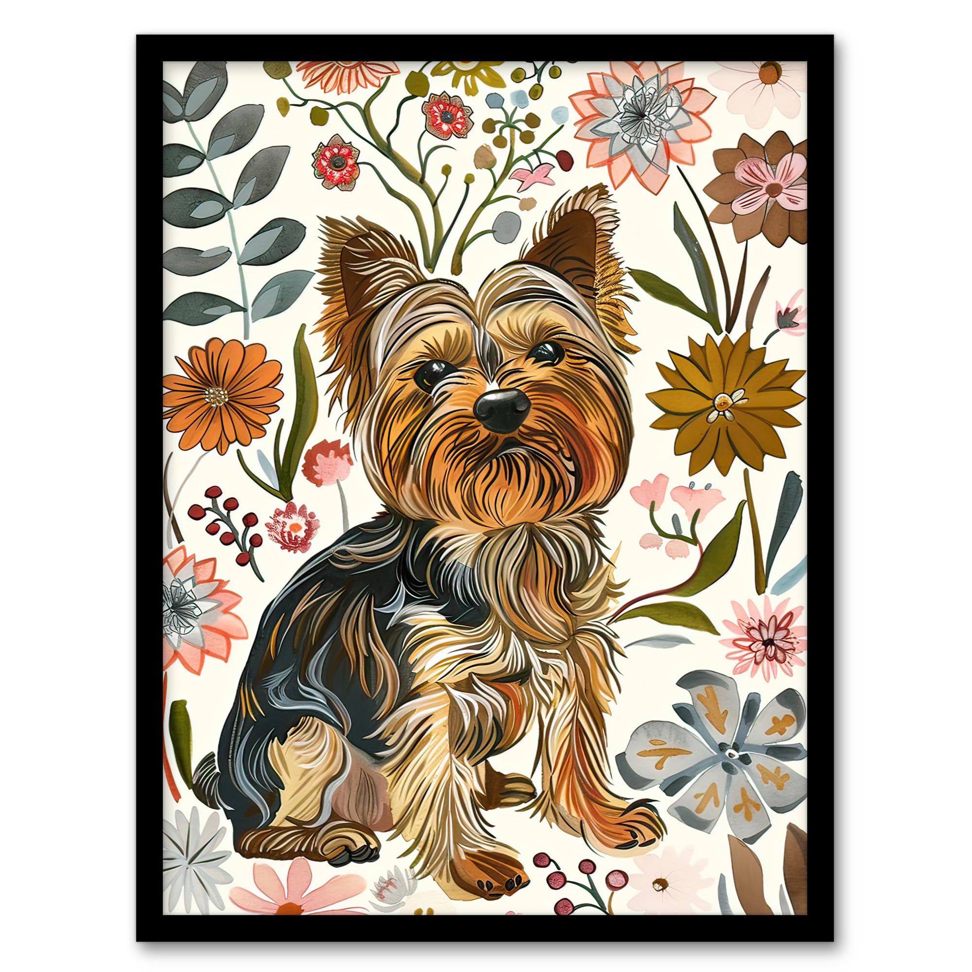 Yorkshire Terrier Dog Lover Boho Floral Pattern Framed Wall Art - Artery8 - A4