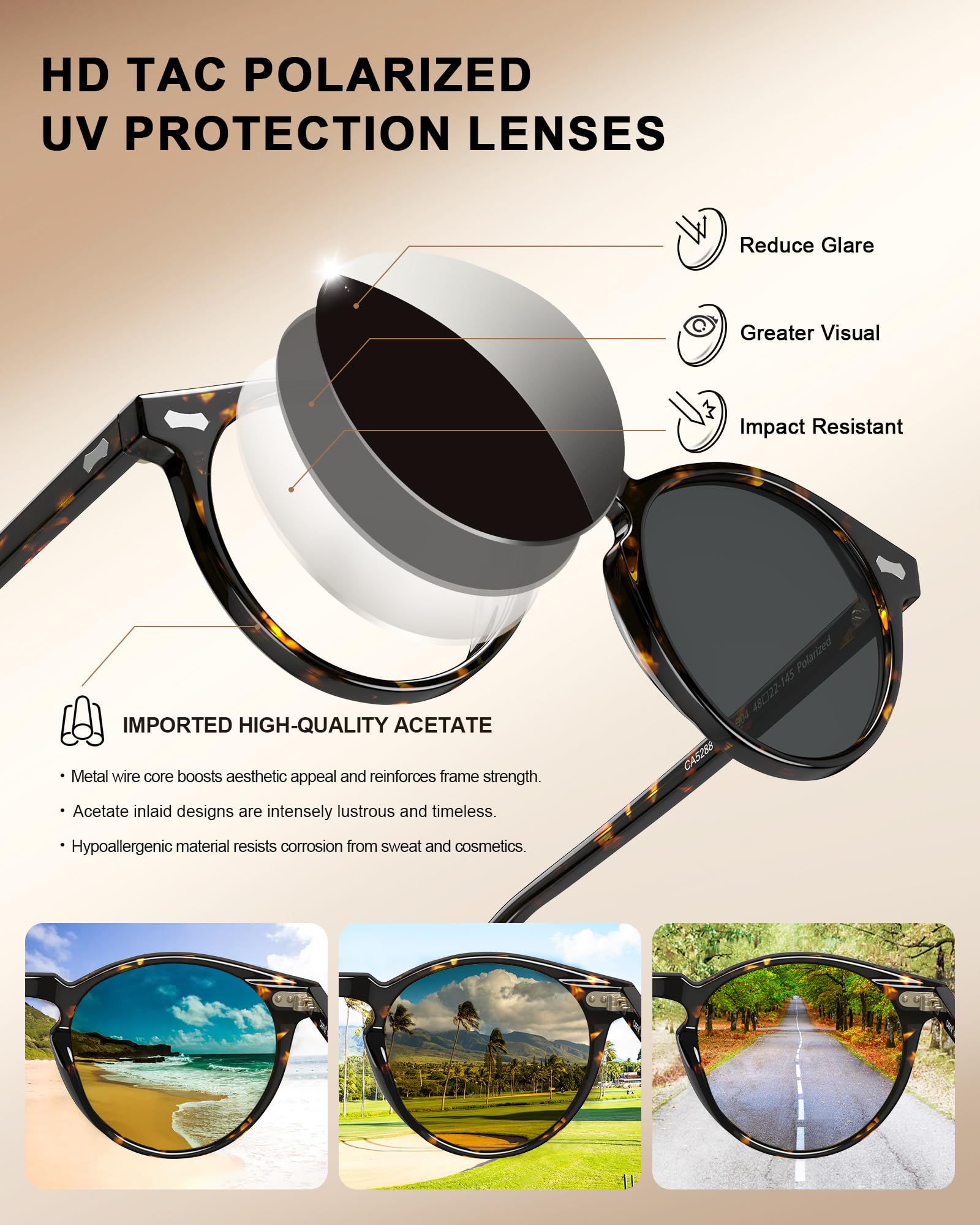 Carfia Lunettes de Soleil Femme Polarisées Mode Rétro Vintage la Protection UV 400 pour Conduire Voyager