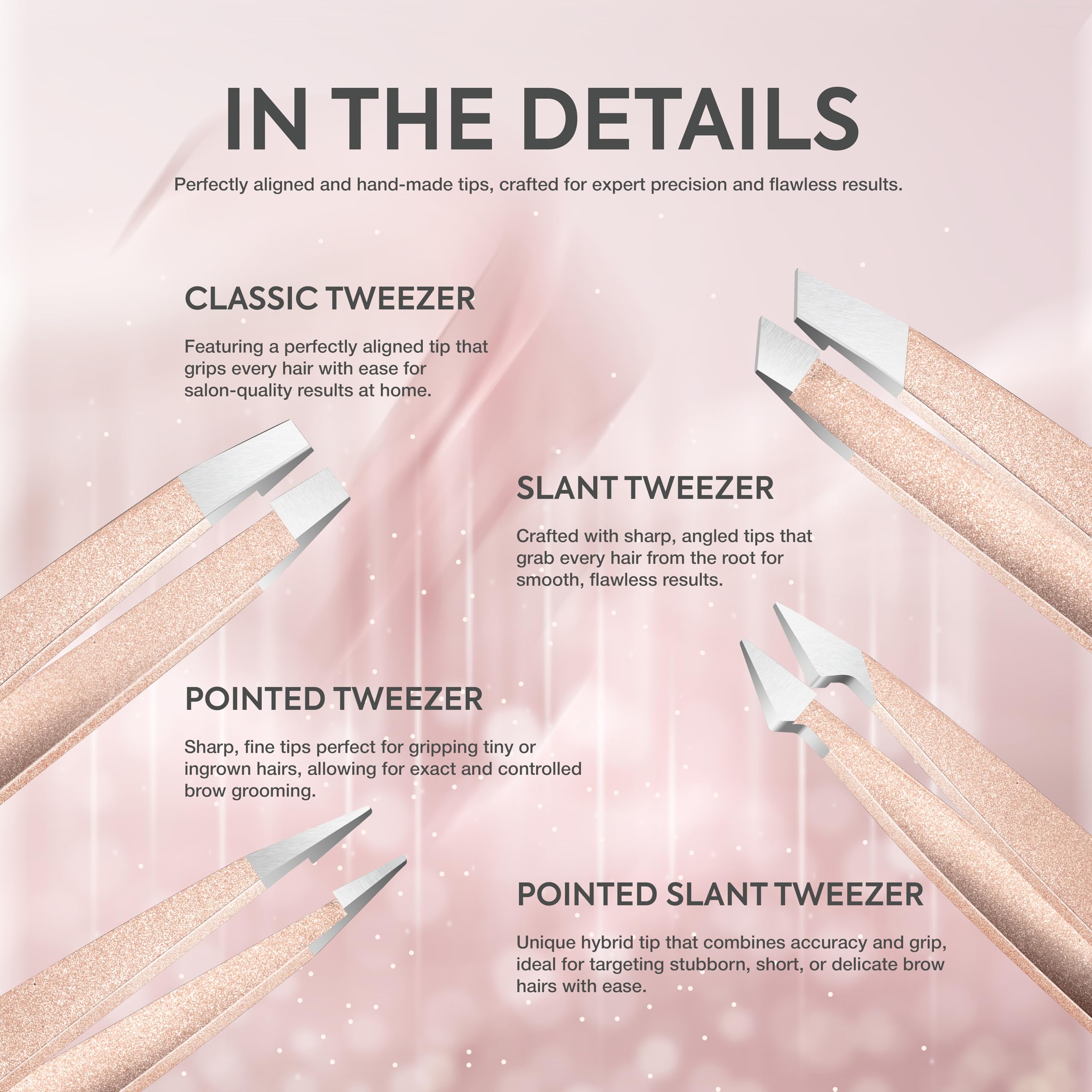 MARKHOR® Rose Gold - Set Profesional de Pinzas de Precisión y Pinzas Depilar para Cejas Vello Facial Astillas y Pelos Encarnados - Acero Inoxidable con Estuche (Pack de 4)