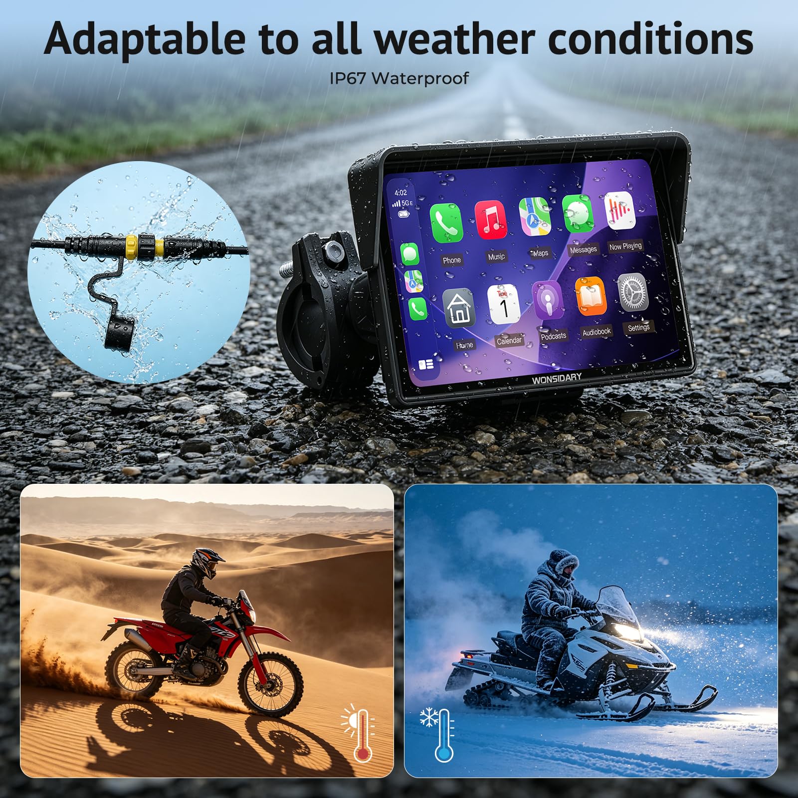 W522TPMS 5 Zoll Motorrad CarPlay Display mit TPMS & Android Auto | Motorrad Navi Display mit IP67 Wasserdichtes ,Dual Bluetooth, Sprachsteuerung, EQ，USB & ACC Anschluss für Motorrad Reisen