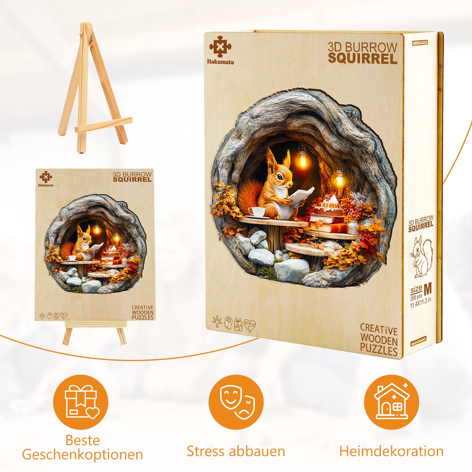 Drewniane puzzle dla dorosłych i dzieci, 3D Burrow Squirrel, okrągłe, jedyne w swoim rodzaju puzzle, drewniane puzzle, dla dorosłych, z drewnianym pudełkiem na prezent (L-300 sztuk)