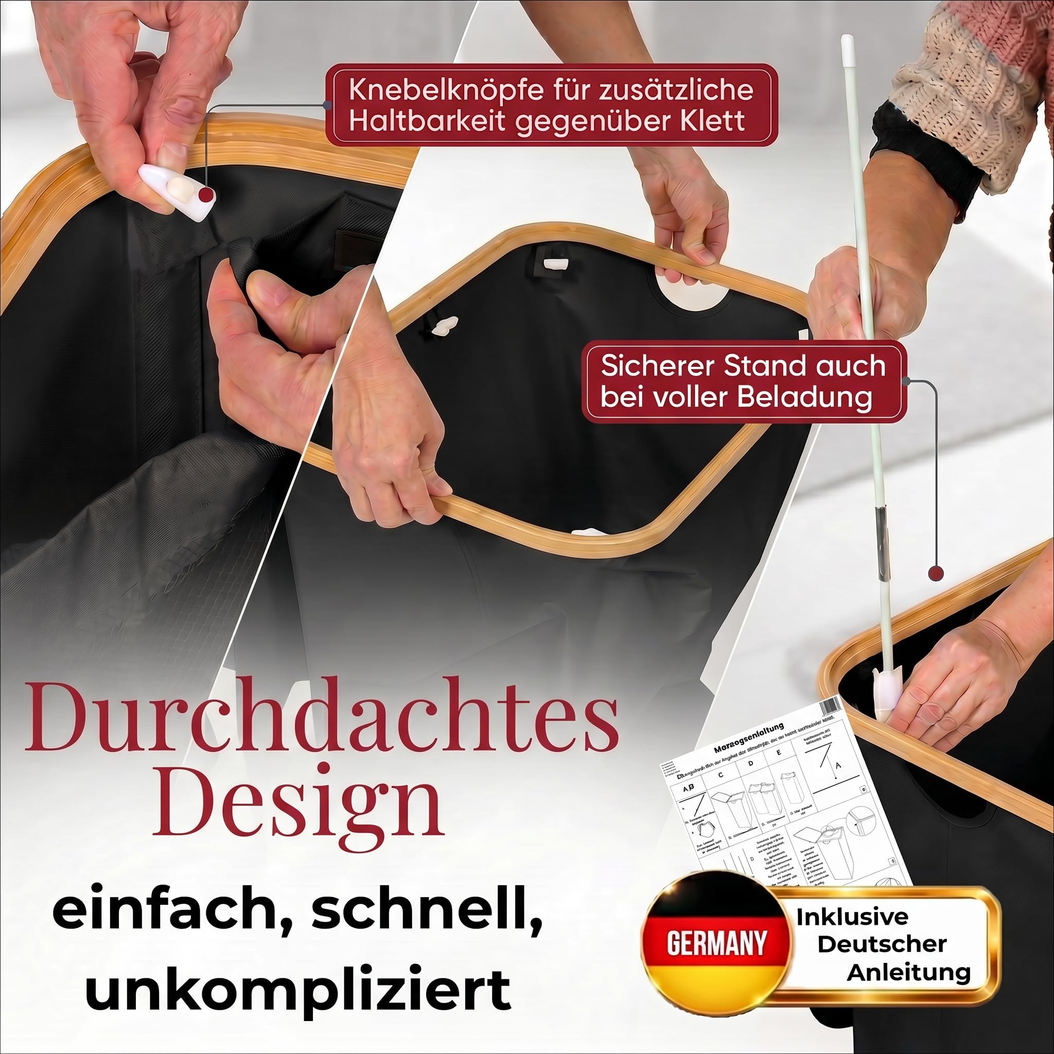 HomyFeel - Wäschekorb 3 Fächer rollbar, 160L Wäschesammler mit Deckel, Wäschesortierer groß, Oxford Gewebe, herausnehmbarer wäschesack, Wäschebox auf Rollen, Griffe aus Bambus, 57x37,5x79cm, Schwarz
