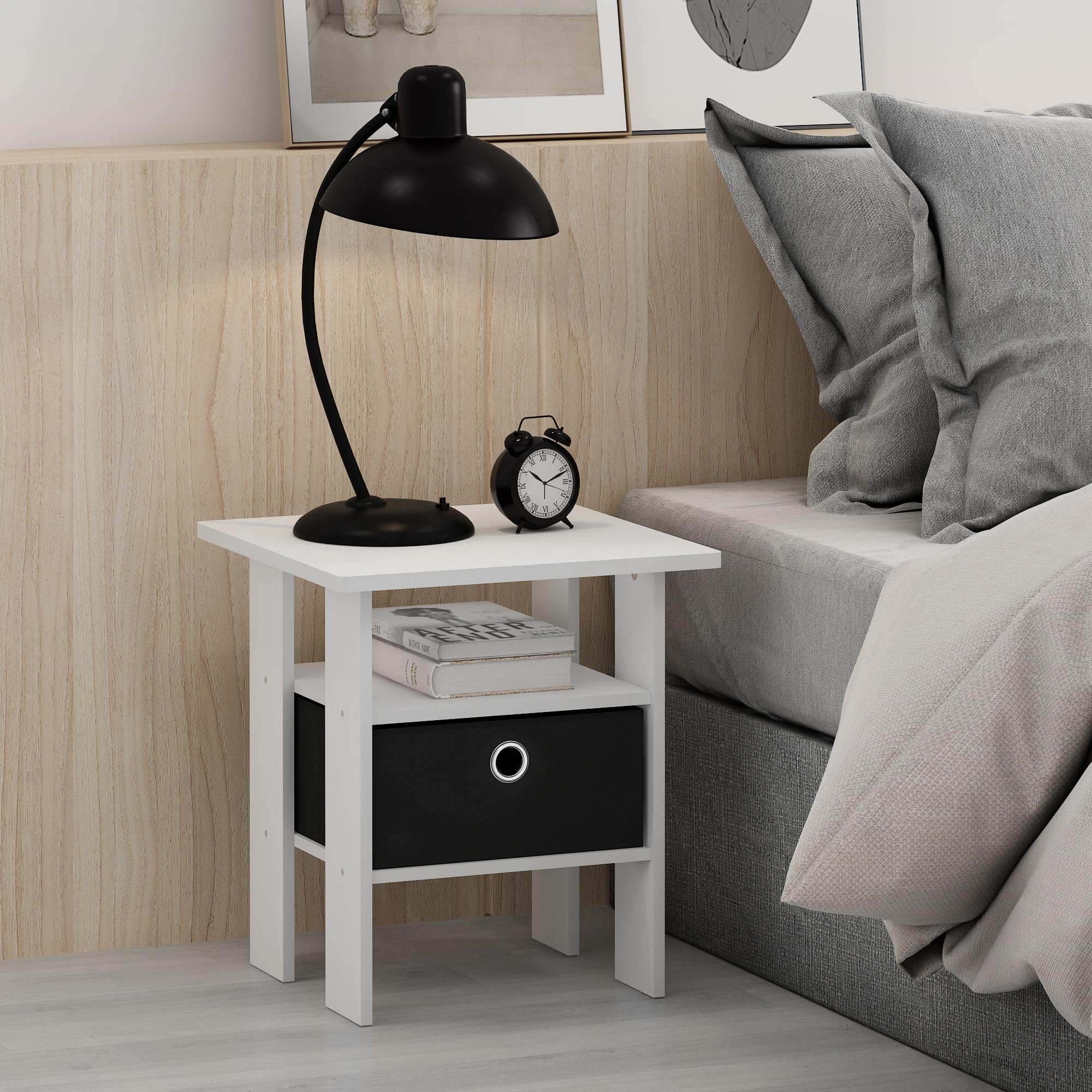 Furinno Andrey tavolino comodino con cassetto portaoggetti, Bianco/Nero | Mensole aperte e cestino, comodino, per soggiorno, camera da letto