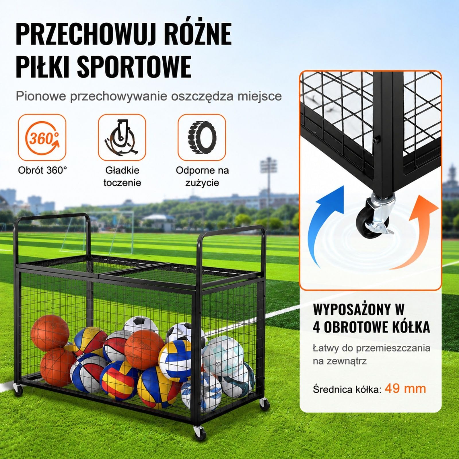 Wózek do Przechowywania Piłek Sportowych, Zamykany Organizer ze Stali Węglowej z Podwójną Górną Pokrywą do Garażu