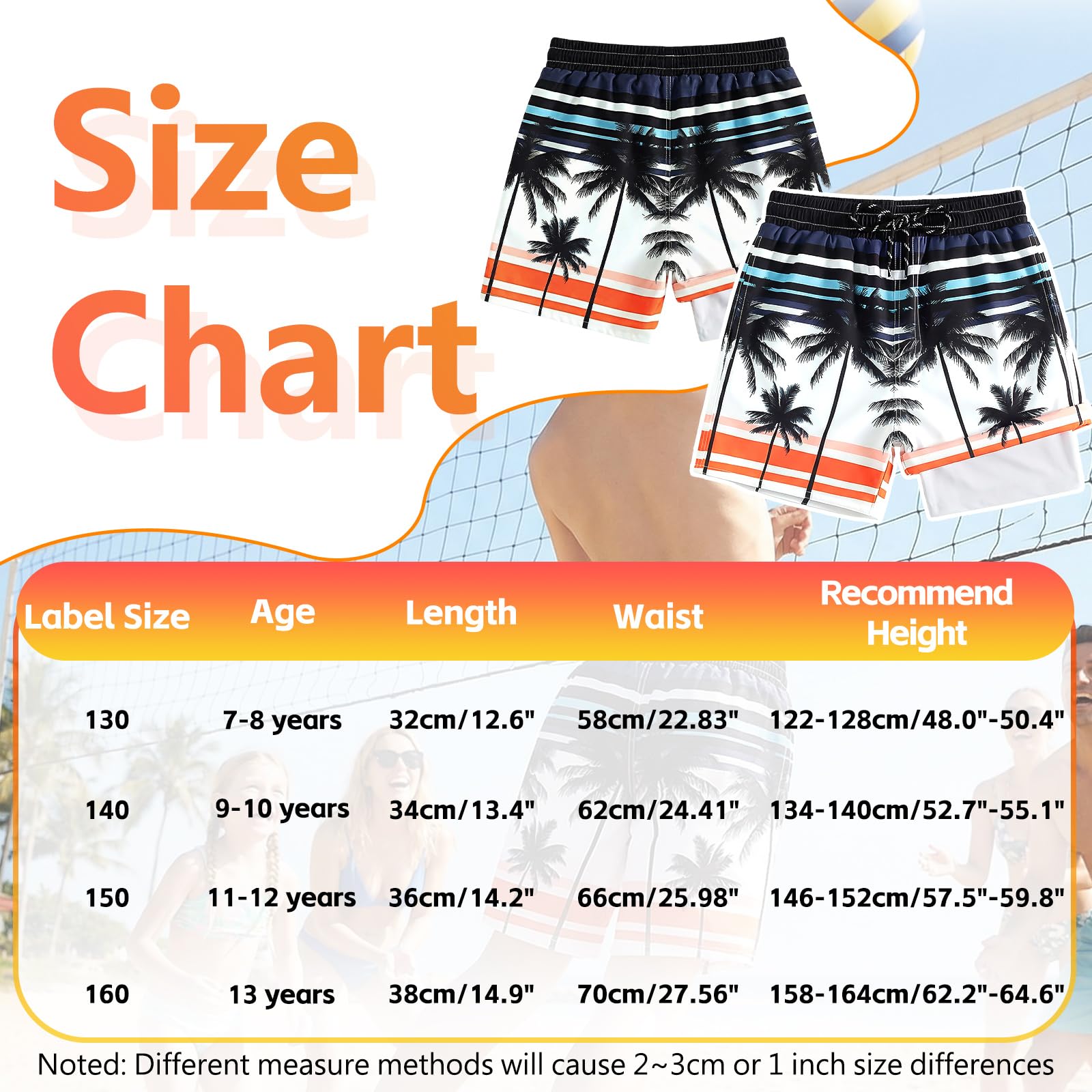 JinBei Short de Bain Garcons Doublure de Compression Maillot de Bain Enfant Séchage Rapide Shorts de Plage avec Poche Ceinture Élastique Boardshorts pour Surf Natation Vacances, 7-13 Ans