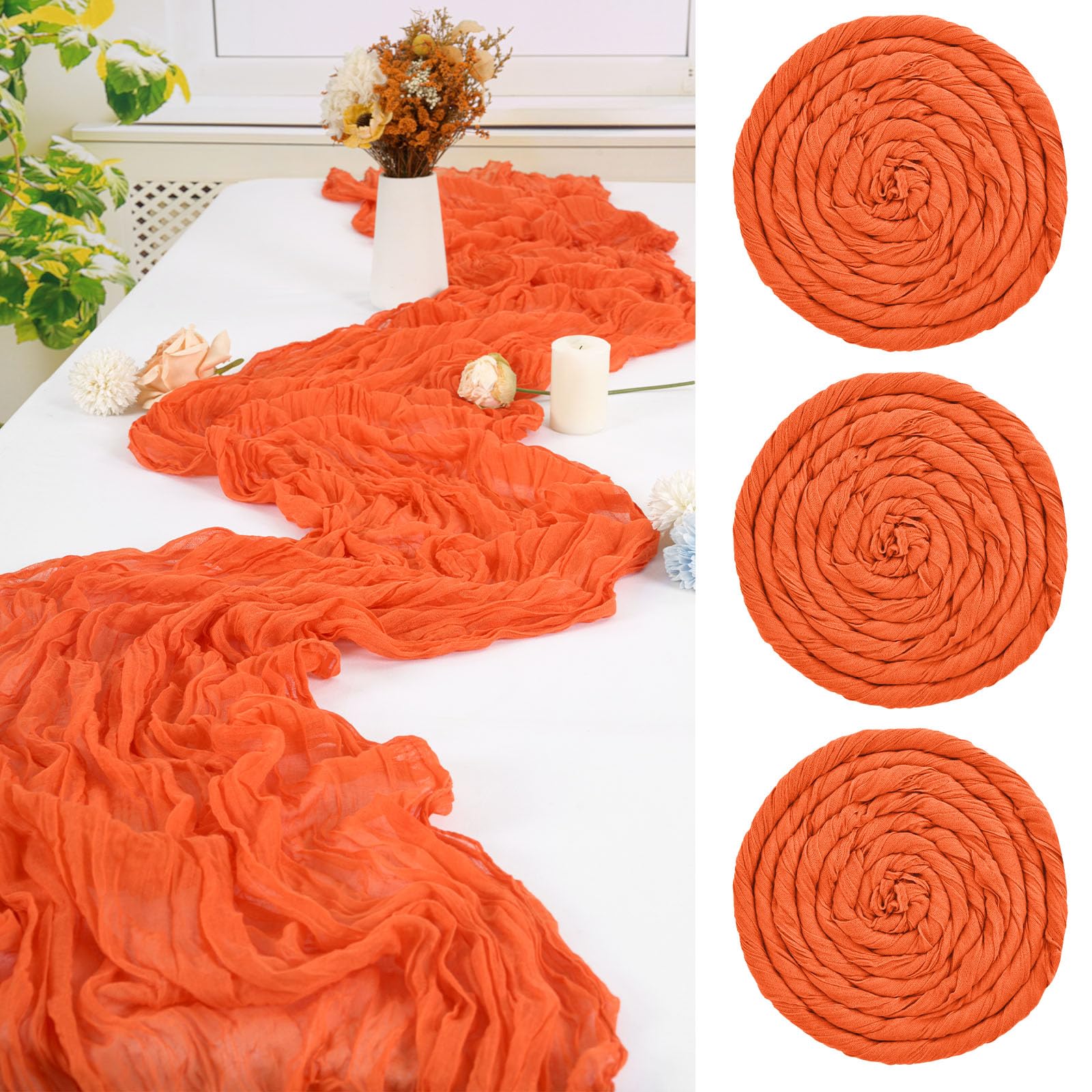 3 PCS Orange Cheesecloth Table Runner, 300cm 10FT Long Gauze Table Runners for Weddings, Boho Rustic Romantic Sheer Decor for Reception, Party & Bridal Shower, Reinforced Edges — image 1