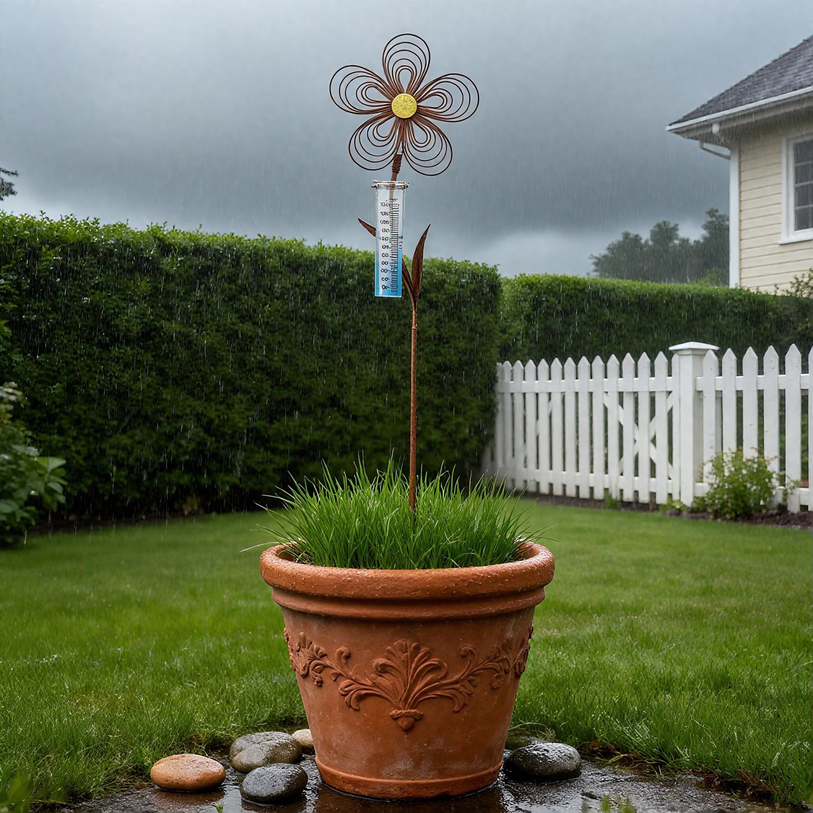 Regenmesser für Garten frostsicher 110 cm Hoch, Dekorativer Niederschlagsmesser aus Glas mit Metall Blumenstecker, Gartendeko in Rostoptik mit Erdspieß