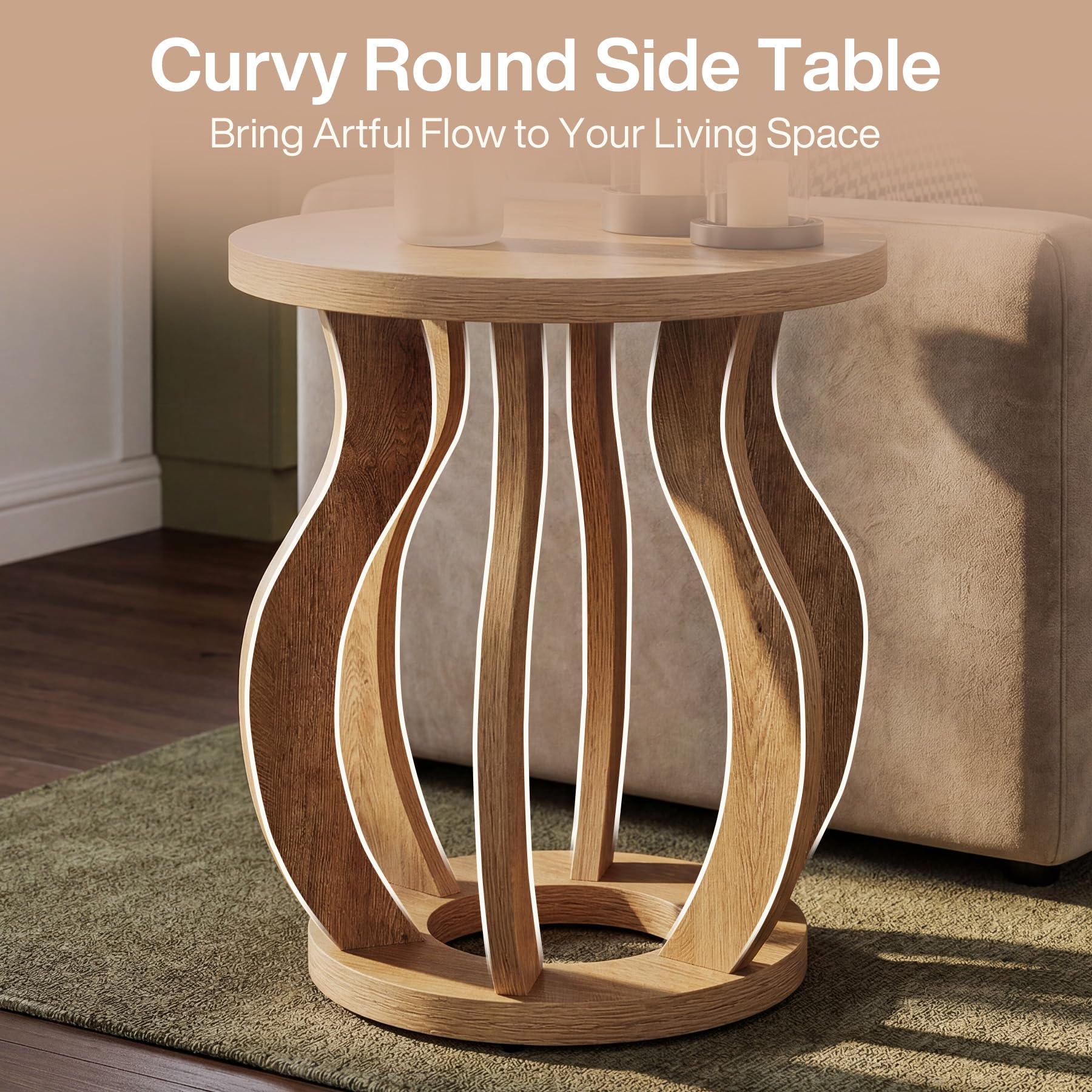 Tribesigns Round End Side Table: Farmhouse Wooden Side Table for Living Room, Bedside Nightstand with Curved Frame, Accent Nightstand for Bedroom, Small Spaces, Brown(1PC)