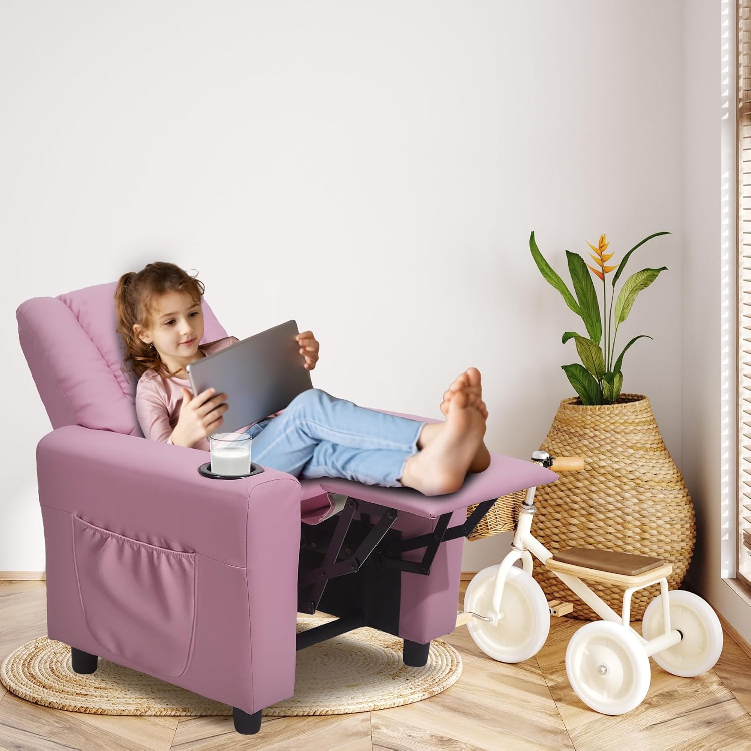 Kids Recliner Chairs for Toddlers, Toddler Recliners for Kids Age 0-5 with Cup Holder and Side Pocket, Leather Lounge Chair for Girls Boys Baby Bedroom, Pink