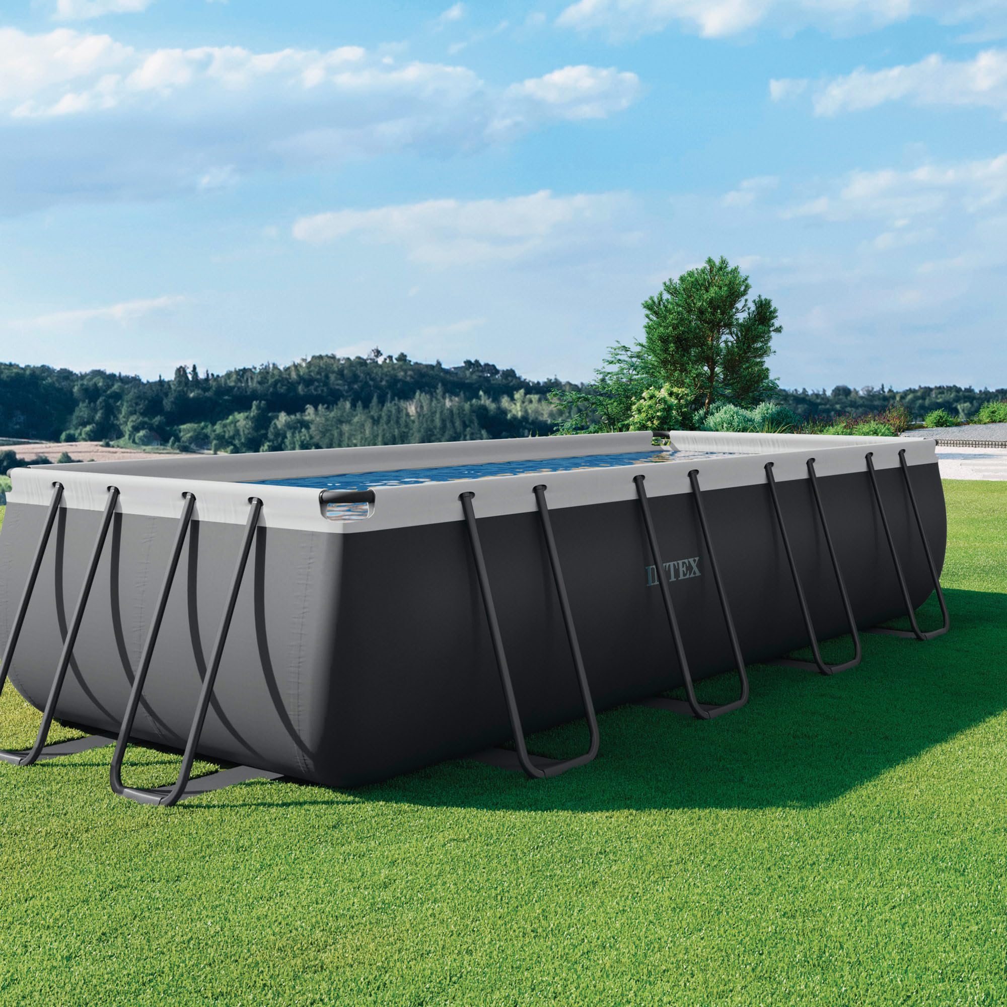 Intex 26356NP – Piscina Fuori Terra Ultra XTR Frame Rettangolare, Pompa Filtro 5700 L/h, Scaletta, Telo Base e Copertura, 17203 L, Acciaio e PVC, Grigio, 549x274x132 cm