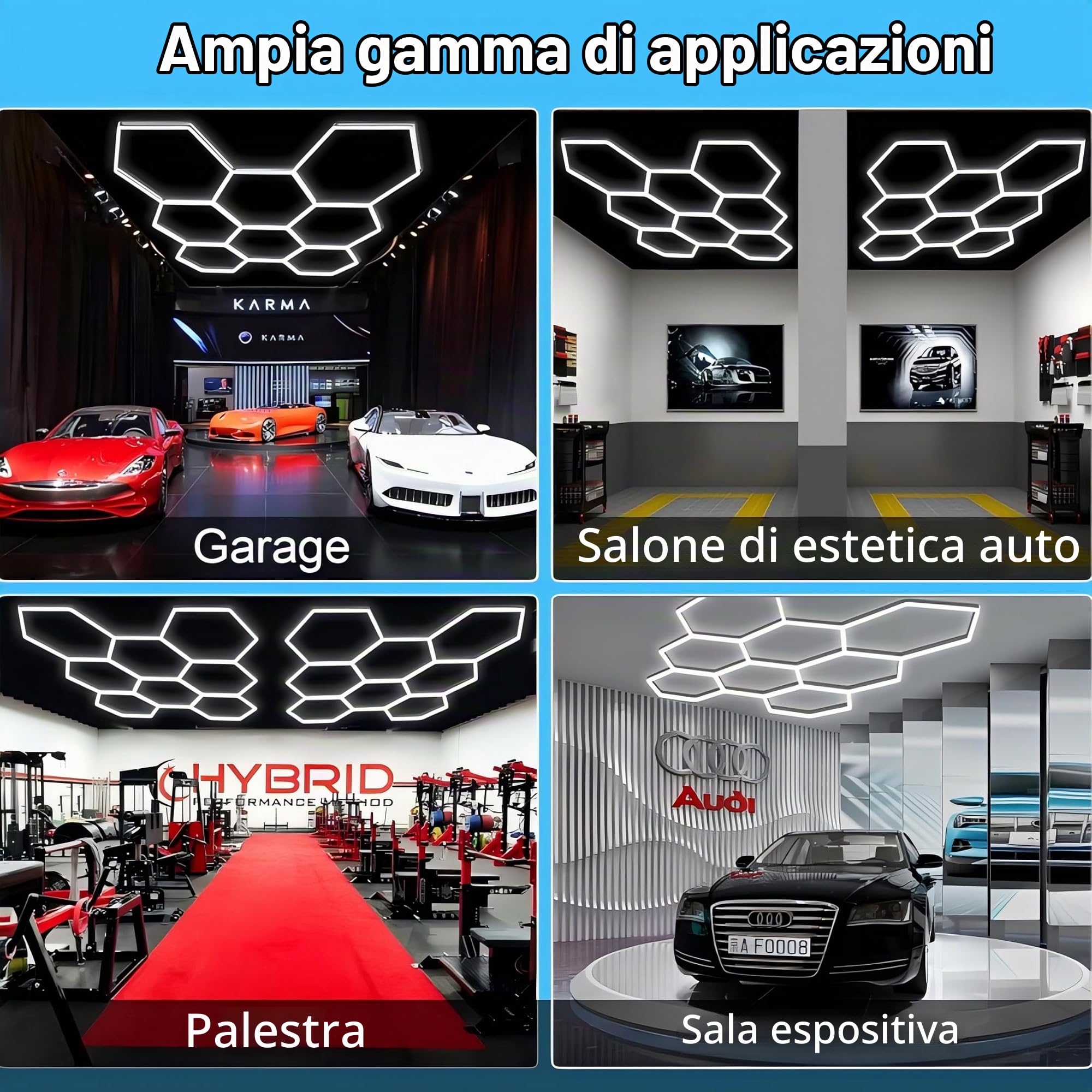 Hexagonal LED light, 672 W, 6500 K, esagonale, deformabile, for officina, garage, magazzino, cantina, palestra(14 trous)