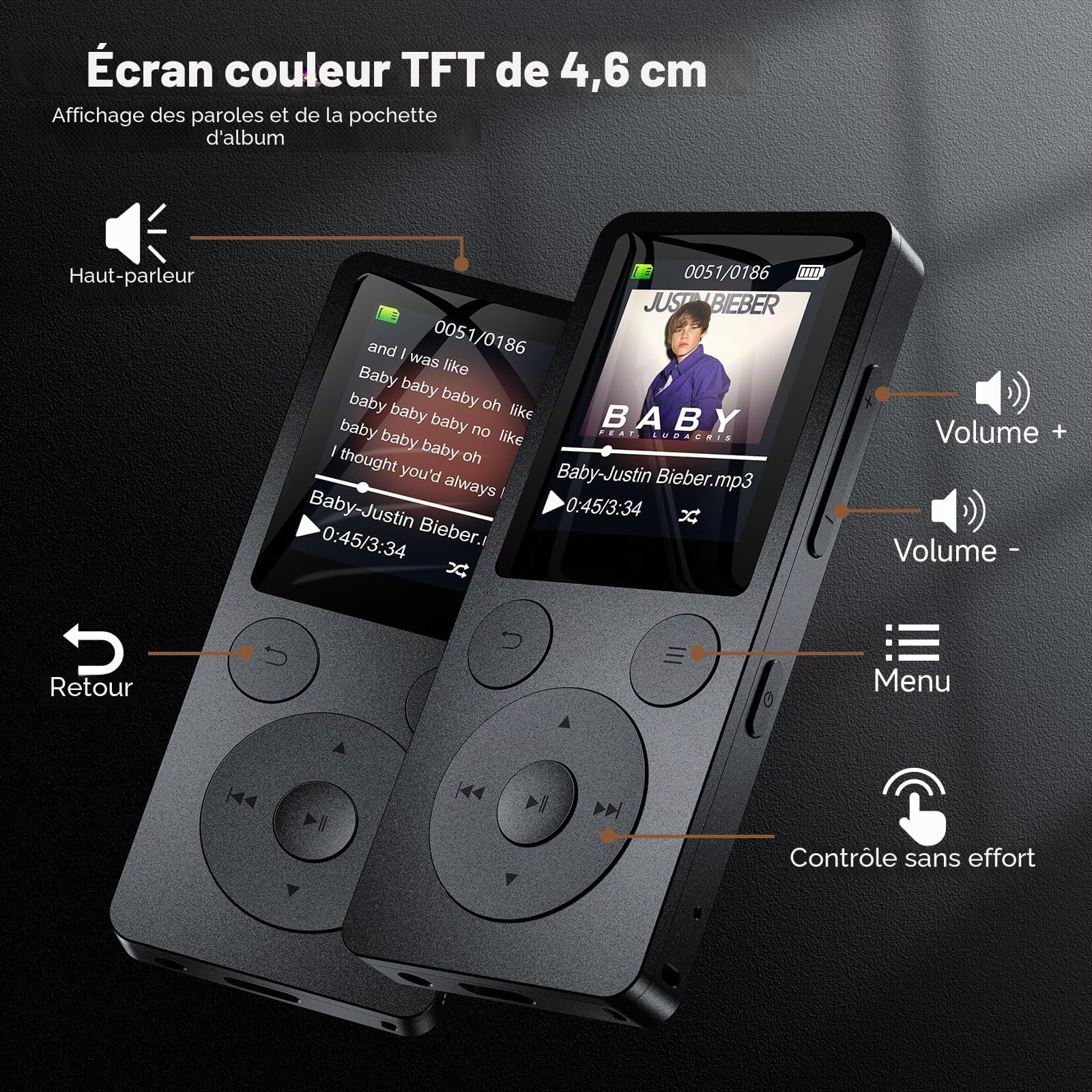 64Go Lecteur MP3 Bluetooth 5.3 – MP4 Haut-Parleur Intégré, Baladeur MP3 avec Touches Physiques (Retour/Menu/Volume), Léger 37g. Radio FM, Enregistreur Vocal, Design Mini, Son HiFi, Jusqu‘à 128Go
