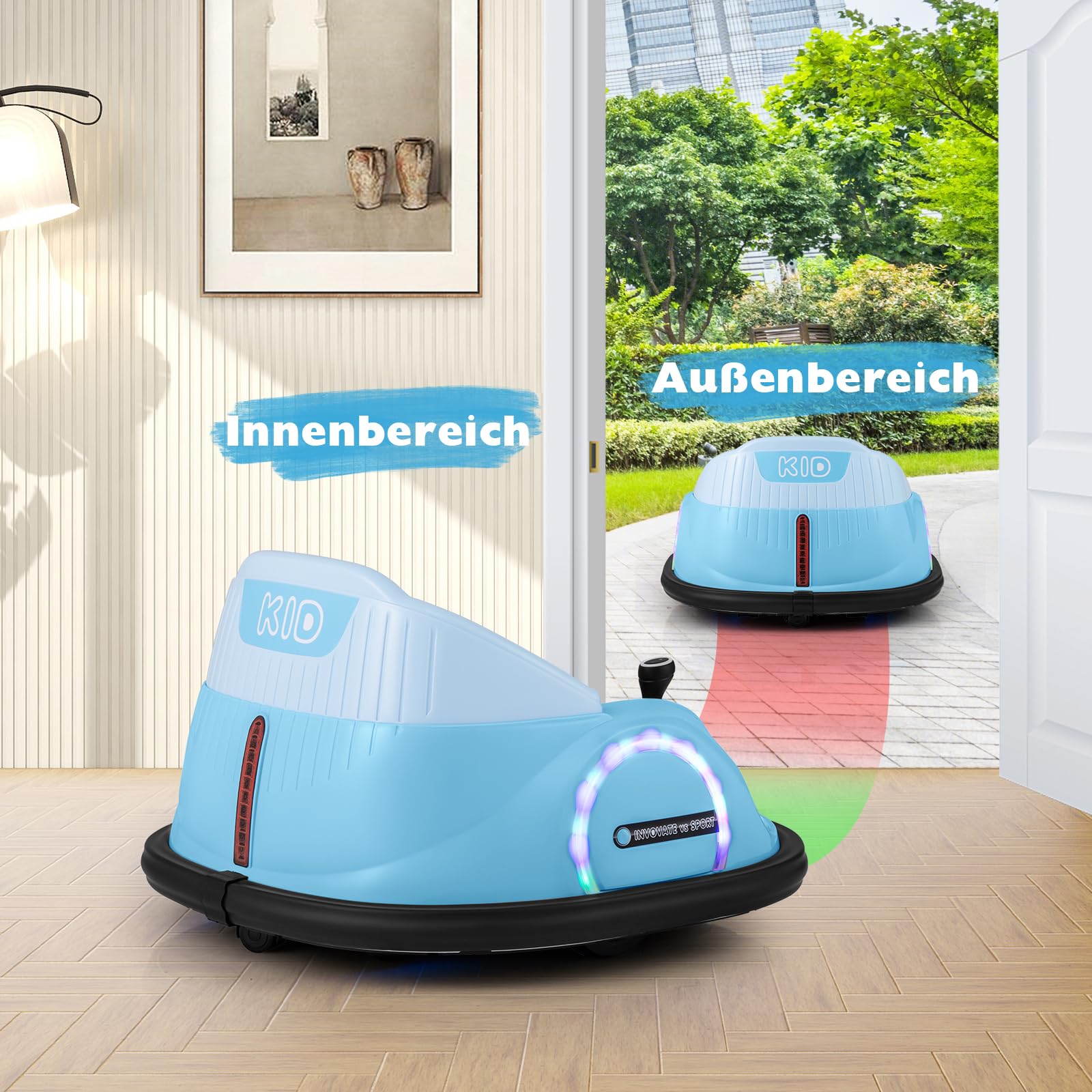 GOPLUS 12V Elektro Autoscooter mit 2,4 GHz Fernbedienung, Kinderfahrzeug 360 Grad drehbar mit LED-Lichtgurt, Sicherheitsgurt, Musik & Hupe, Baby-Stoßspielzeug für Kinder ab 18 Monaten (Blau)