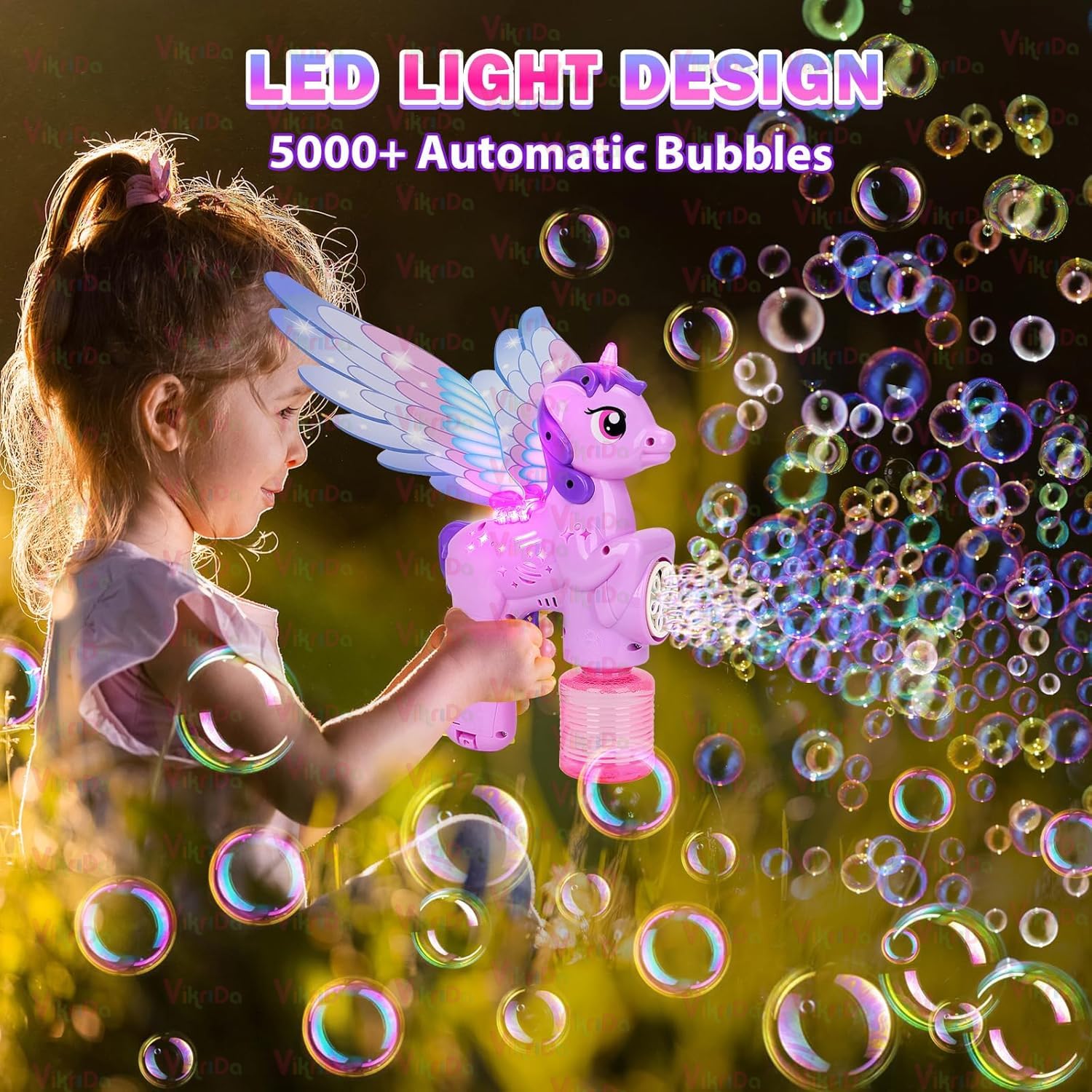 VikriDA Automatic Unicorn Shepe with Wing Bubble Gun Machine for Kids – 5000+ Bubbles/Min – Leak-Proof Space Blower with LED Light 4