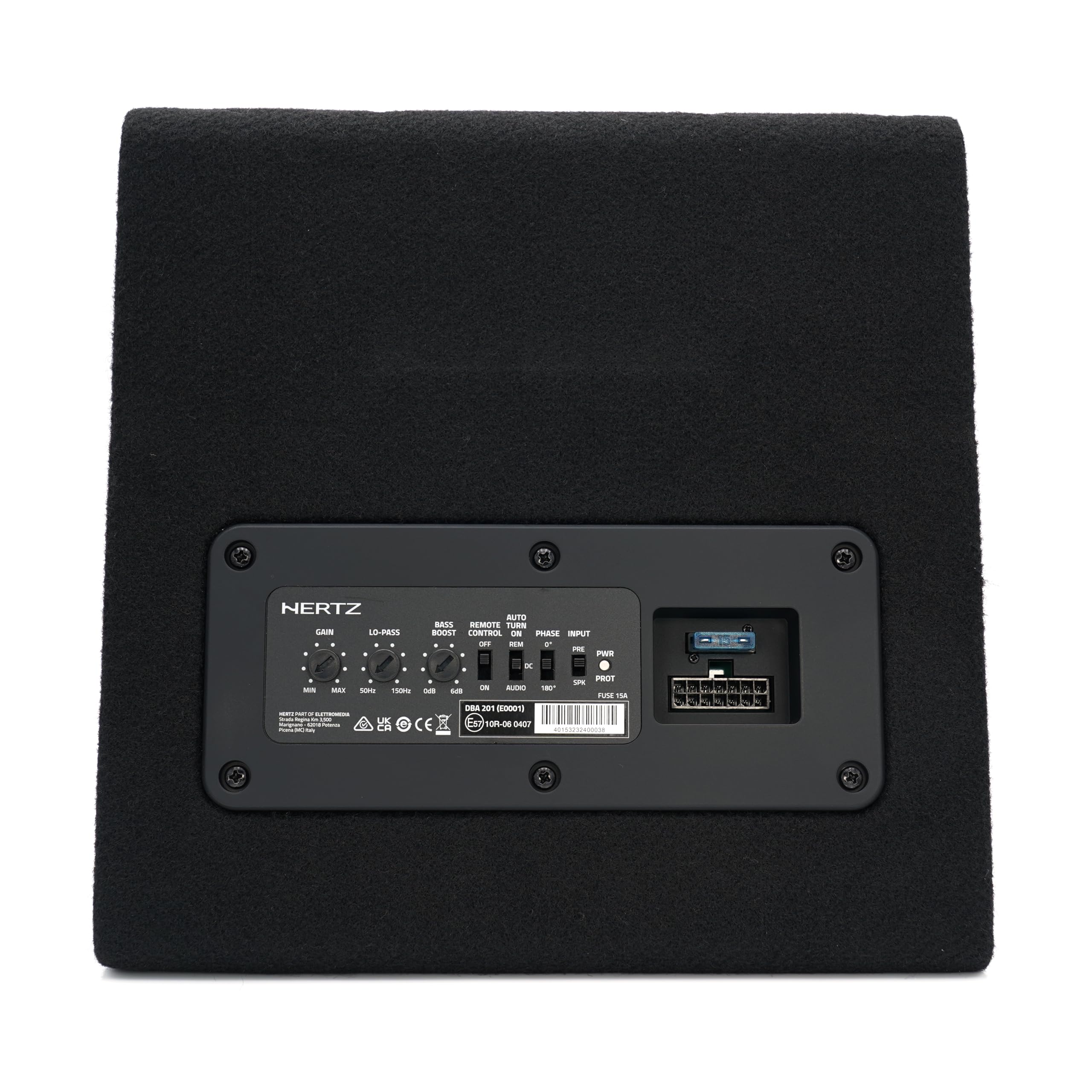Hertz DBA 201 – Subwoofer amplificato da 200mm in box reflex per auto, 440W Peak, amplificatore integrato classe AB con filtro passa-basso e bass boost regolabile. Controllo remoto incluso.