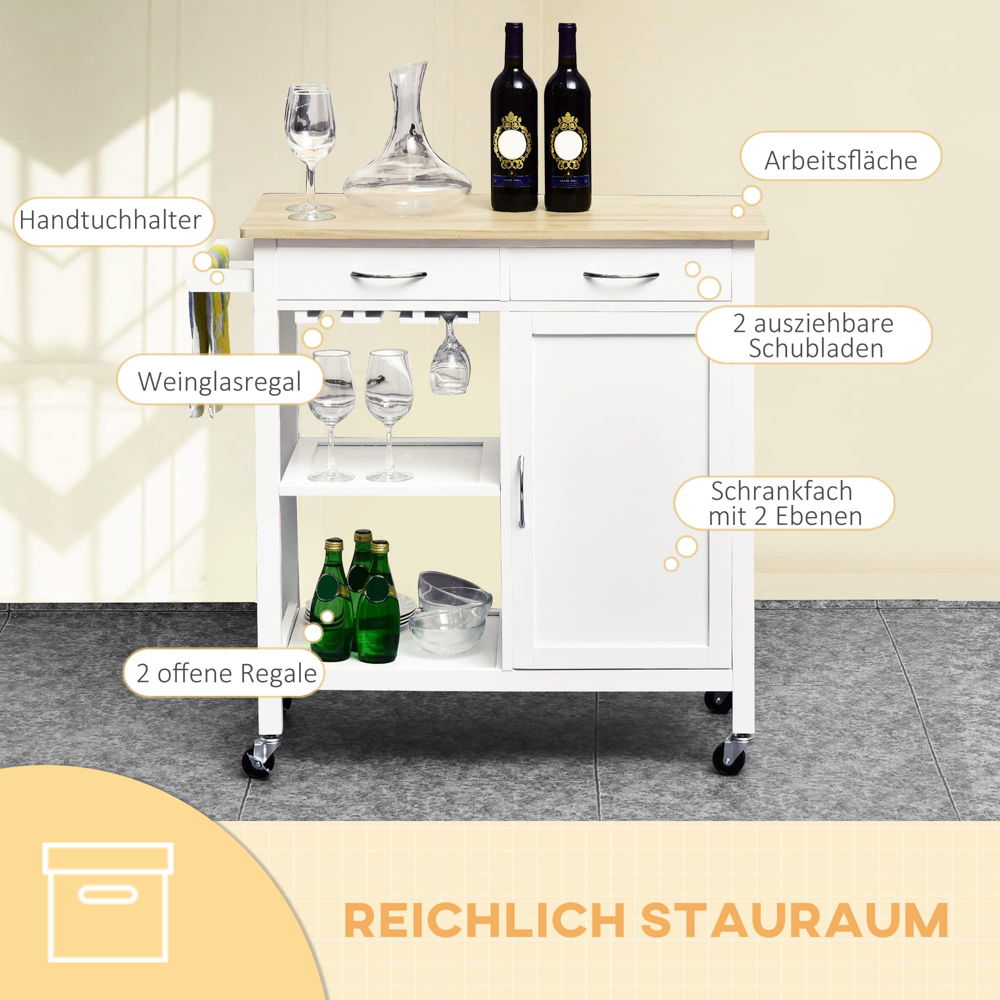 HOMCOM Carrello da Cucina Classico con 2 Cassetti e Ruote, Isola Cucina in Legno con Armadietto 2 Ante Salvaspazio, 89x40x84cm, Bianco