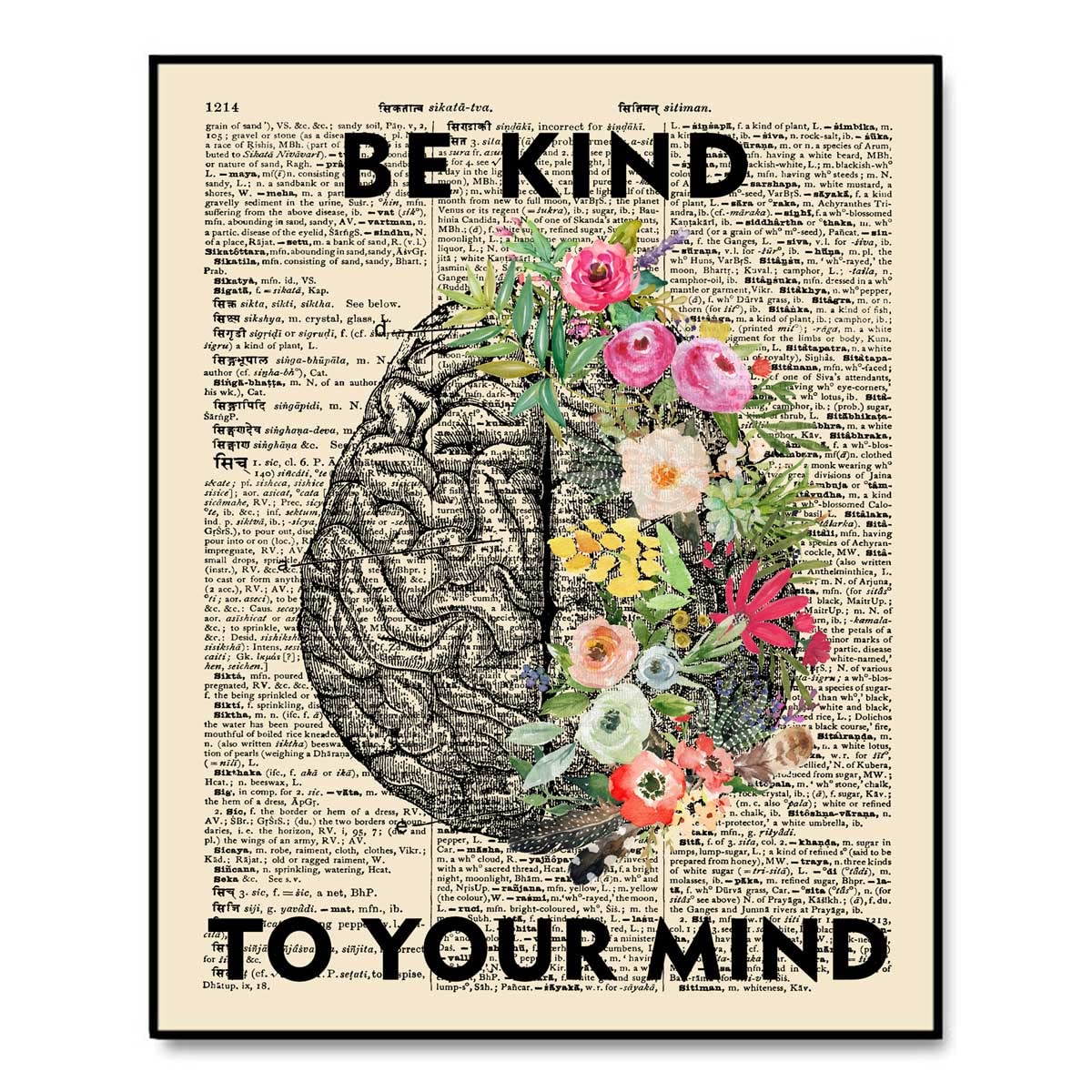 ZEARPTBe Kind To Your Mind Poster, Living Room Wall Decor, Cerebrum Flowers, Brain Art, Mental Health Wall Art, Flowers Brain Art, Vintage Wall Decor, Ready for Framing (8X10 INCH)