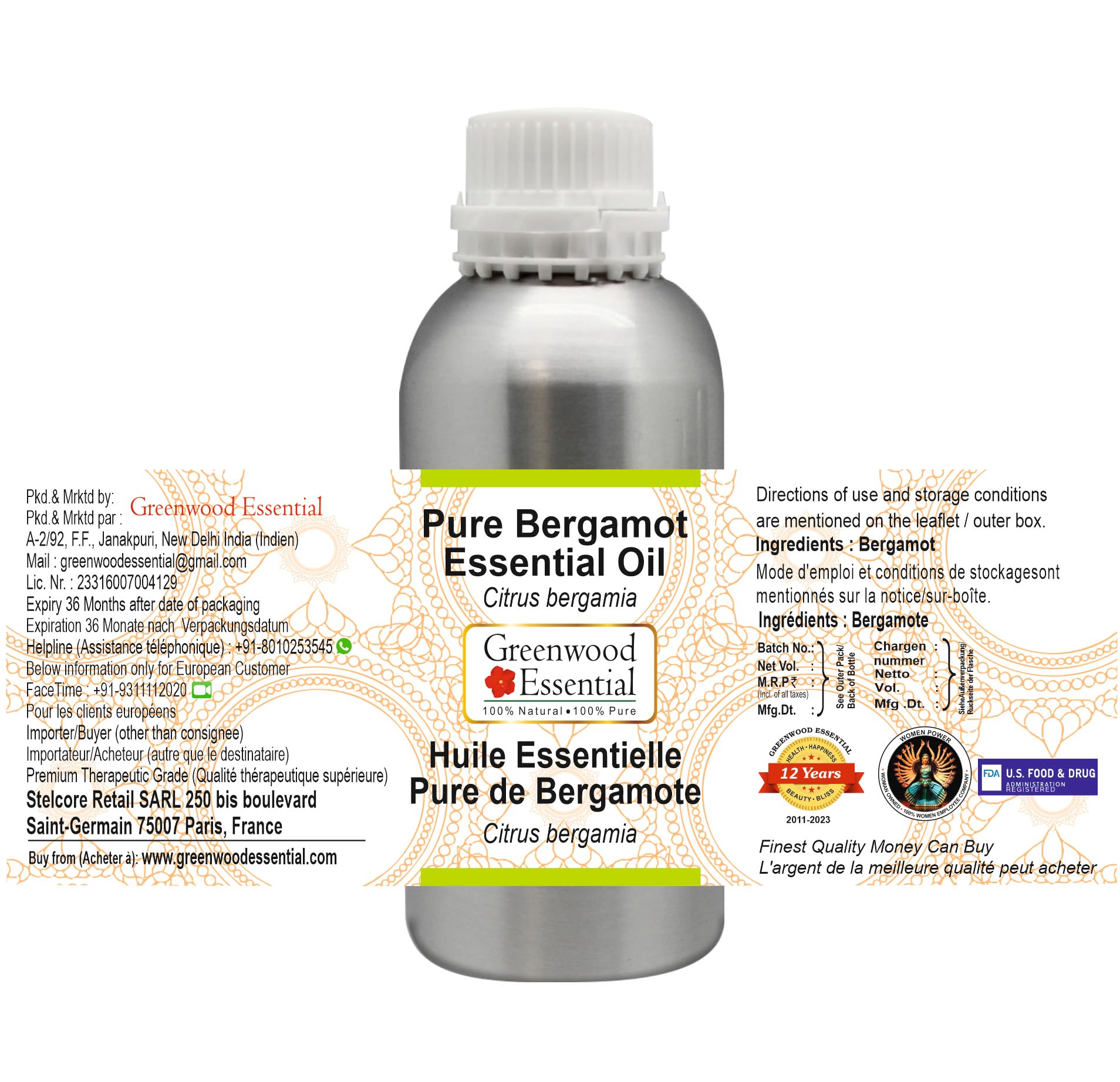 Greenwood Essential Naturreine Ätherisches Bergamottenöl (Citrus bergamia) Dampfdestilliert 630ml (21 oz)