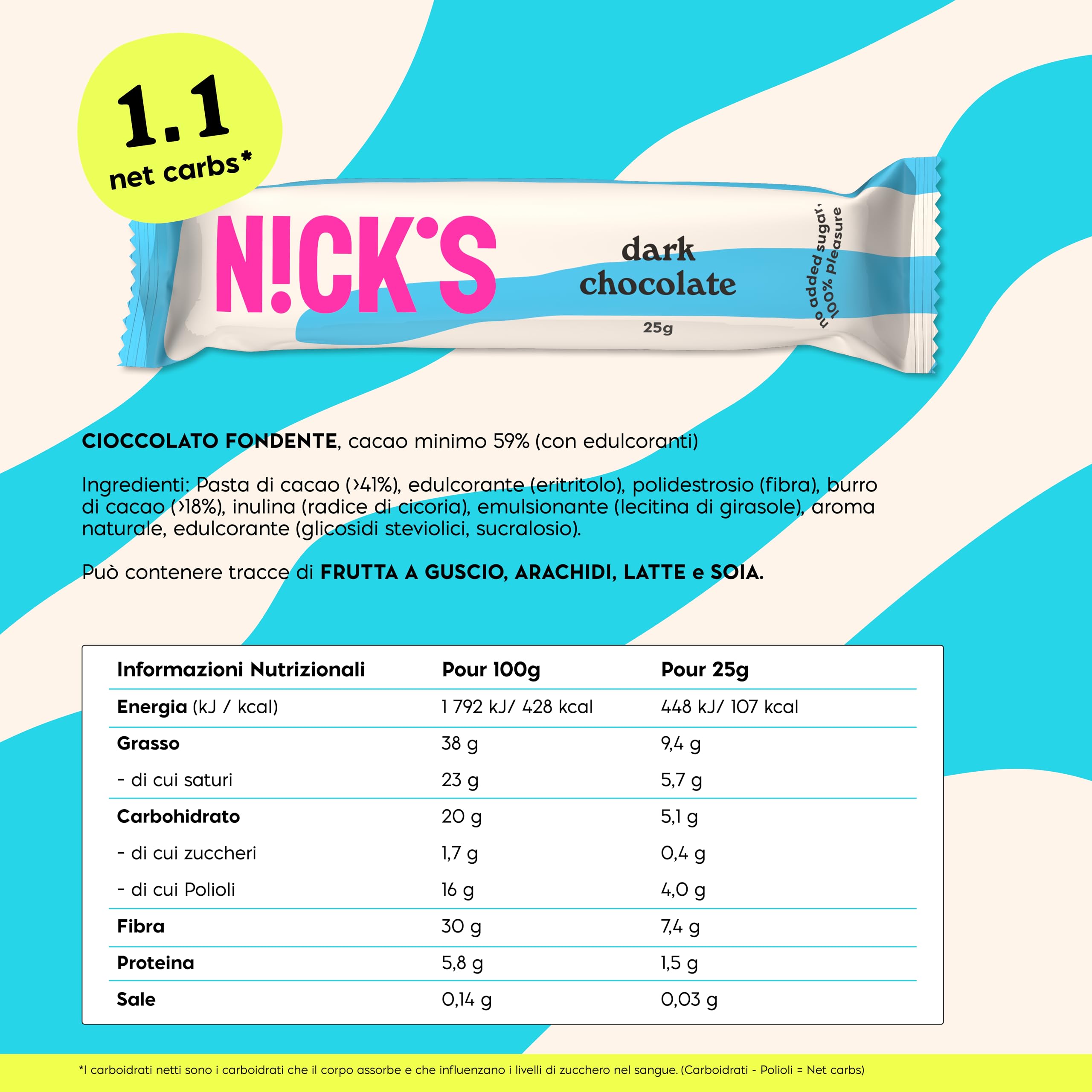 NICKS Cioccolato Fondente Vegan Barrette Keto Senza Zucchero Aggiunto, 1.1g Carboidrati Netti, 107 Calorie, Dolci Low Carb Snack Bar Senza Glutine Senza Lattosio (15 Dark Chocolate x 25g)