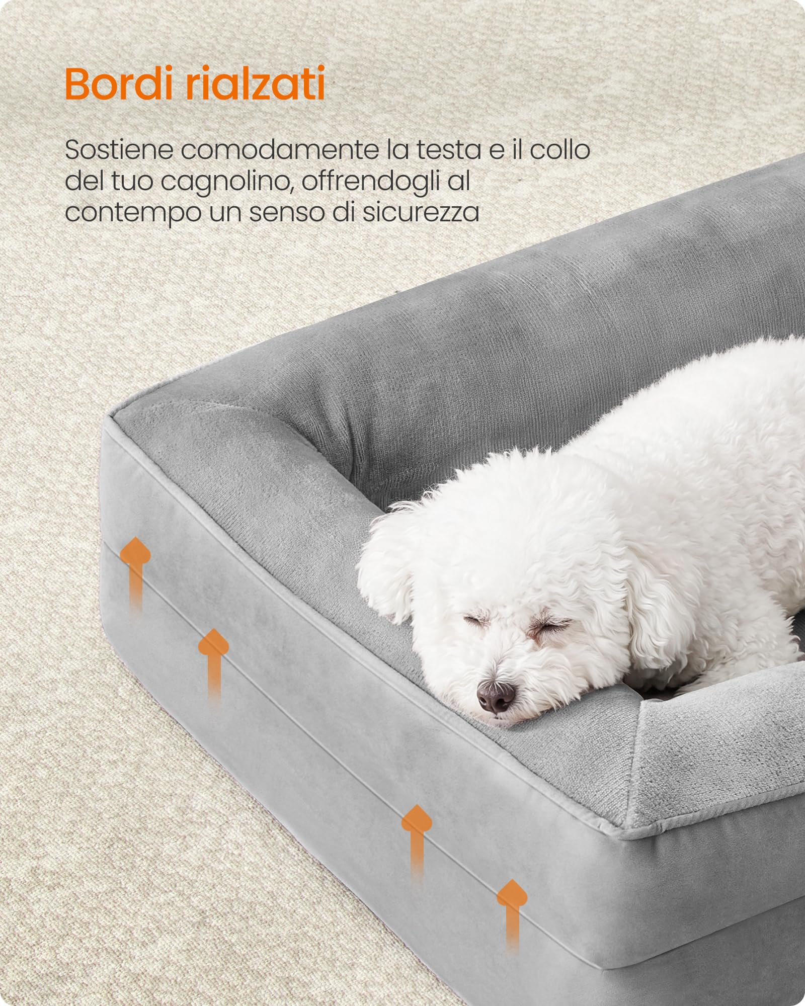 Feandrea Cuccia Ortopedica per Cani, Letto per Cani M, Bordo Rialzato, Gommapiuma Ondulata, Sfoderabile, Lavabile, Antiscivolo, Rivestimento Impermeabile, Grigio Tortora, 76 x 51 x 16 cm PGW321GD01