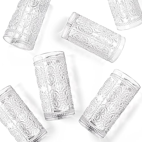 Miniatura 3 de Bekith Paquete de 6 vasos de agua románticos de 12 onzas, vasos de alta calidad para bebidas, cerveza, refrescos, juego de cristalería vintage para