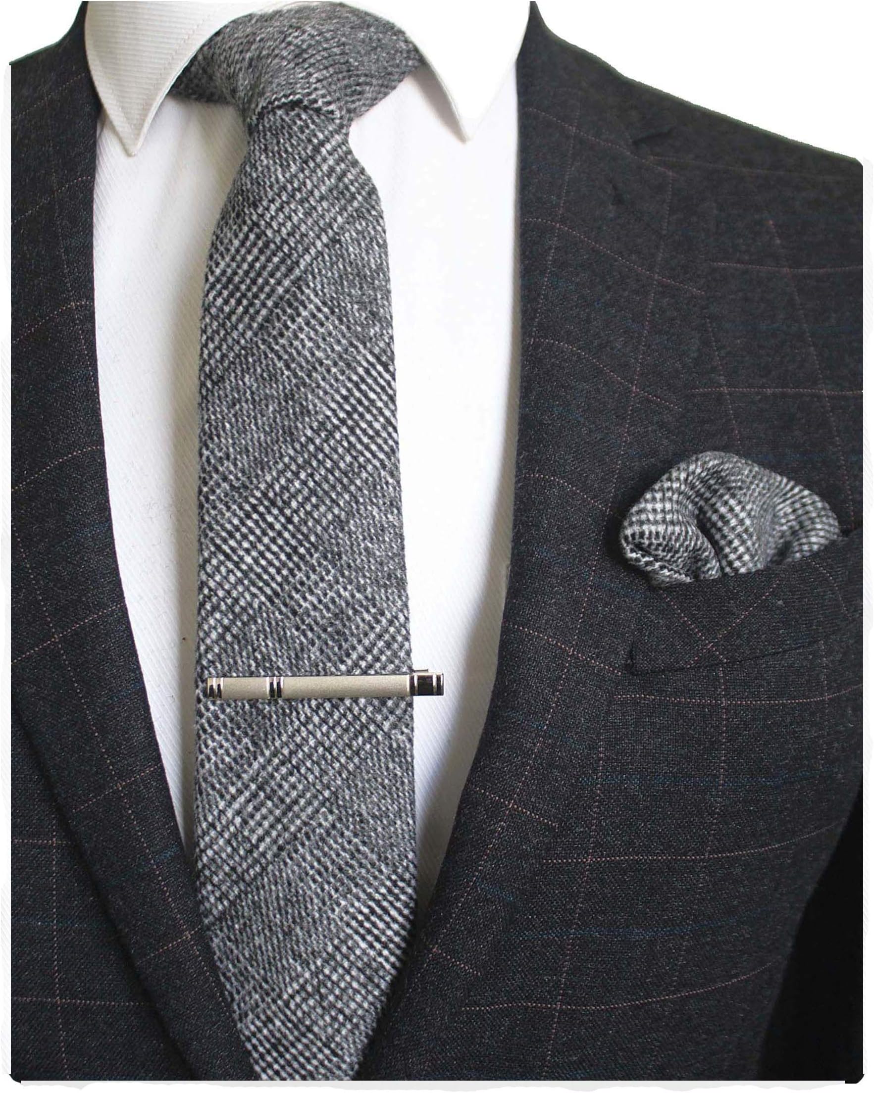 Solid Color Cotton Cashmere Necktie and Pocket Square Tie Clip Sets for Men