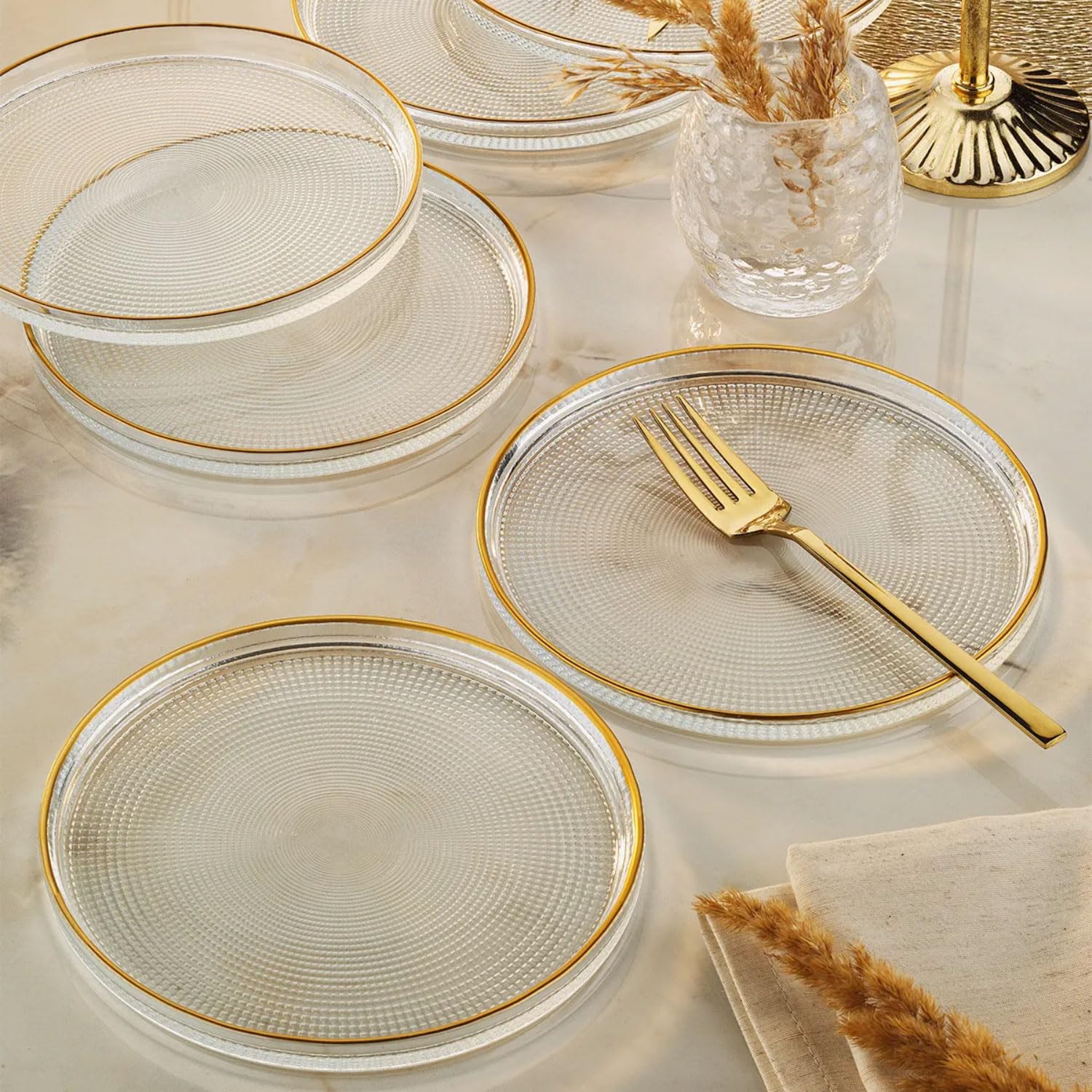 Dessertteller Glas 6er Set 16 cm mit Goldrand - Kuchenteller mit Strukturmuster, Stapelbar, Elegante Glasteller für Dessert, Kuchen, Vorspeisen, Obst - Handwäsche Empfohlen