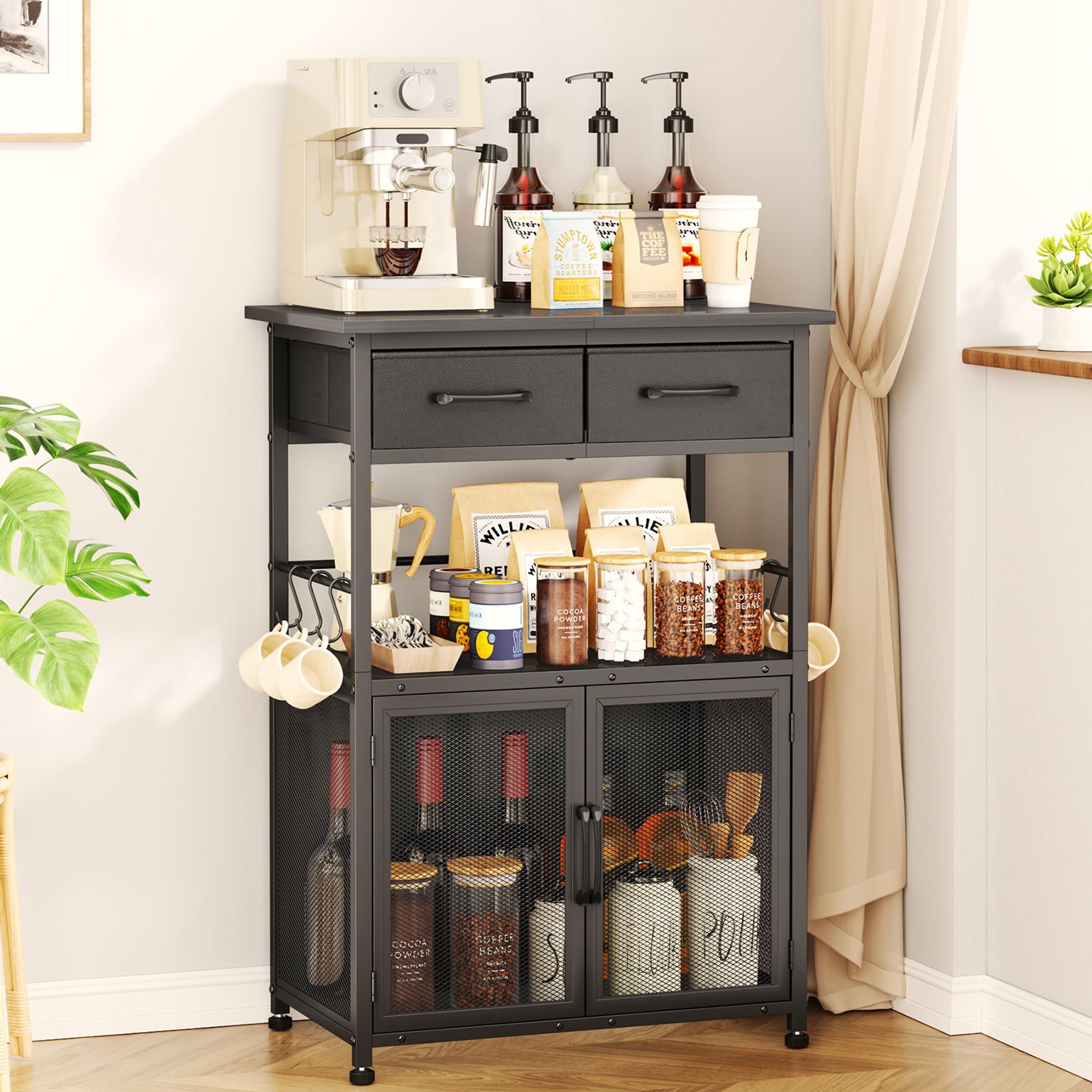 swtymiki coffee bar cabinet with drawer - coffee stand station with removable hooks, buffet cabinet for coffee maker or microwave, kitchen bar table storage organizer, black