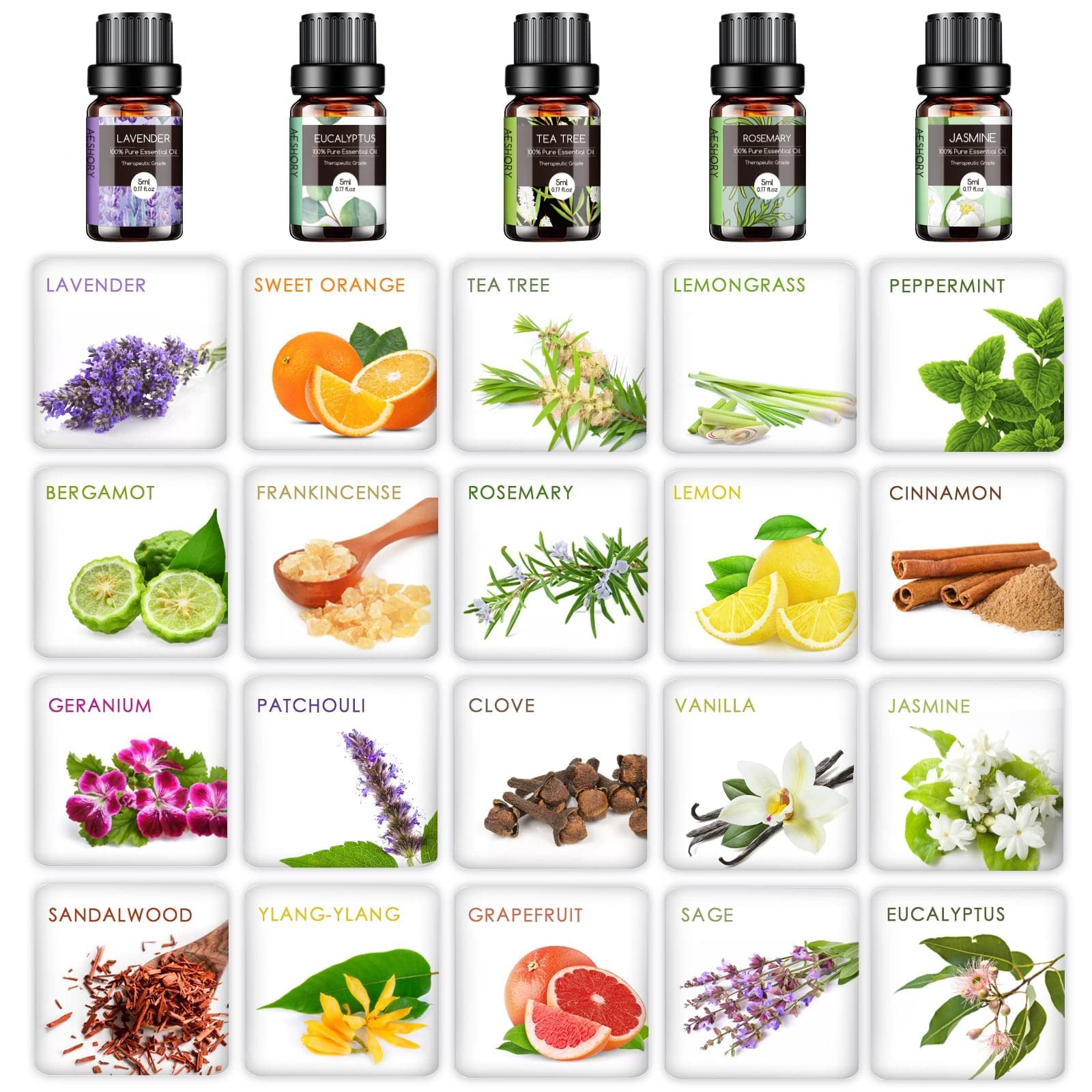 AESHORY Set di Oli Essenziali per Diffusori Umidificatore 20 x 5ML, Olio Essenziale Naturali per Aromaterapia, Candele Fai Da Te, Profumate, Massaggio, SPA - Lavanda, Tea Tree, Citronella, Incenso