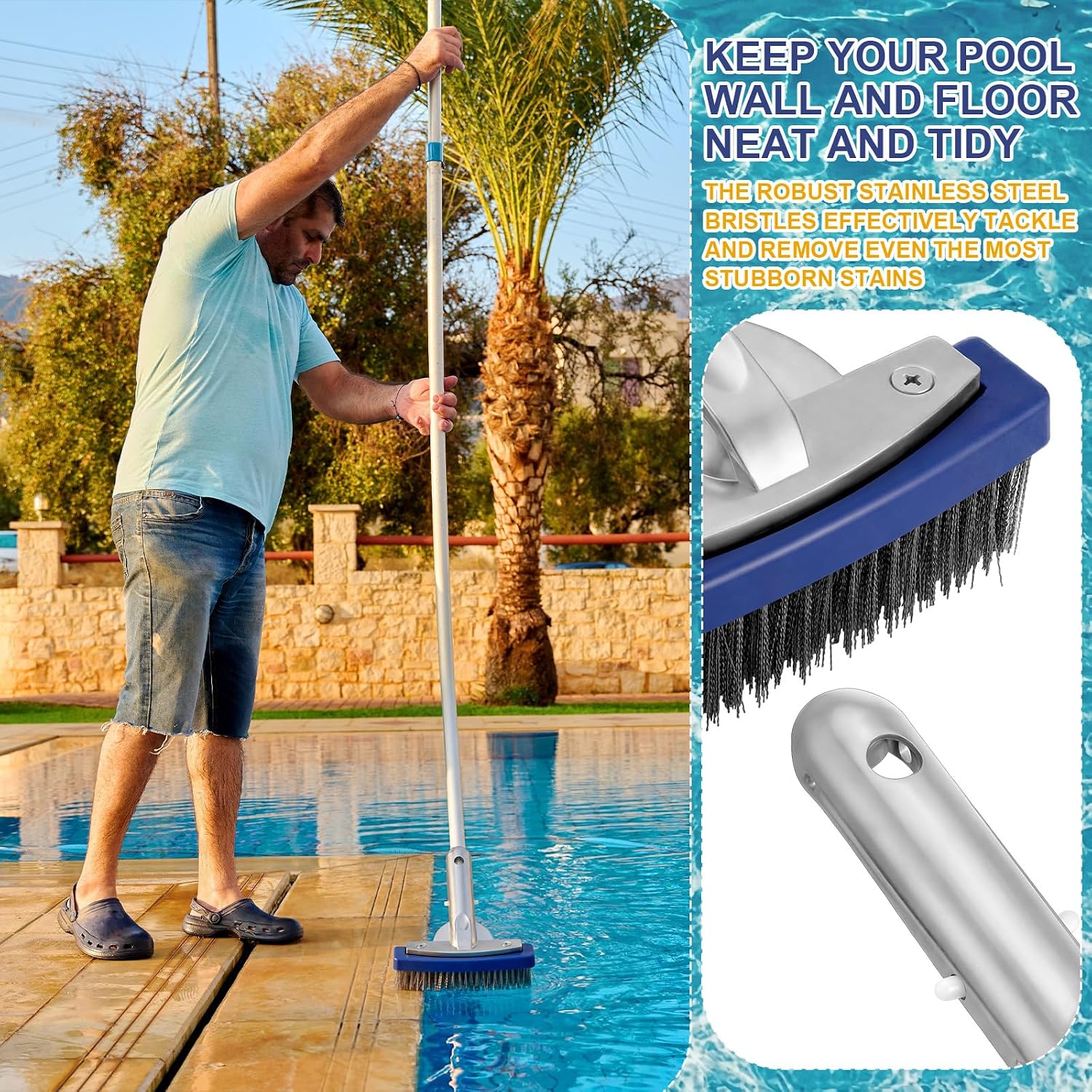 2 Pack 5'' Heavy Duty Swimming Pool Brush Head with Stainless Steel Bristles and Aluminium Back to Remove Pool Concrete Calcium Build-up on Tiles, Small Narrow Head for Corners, Steps
