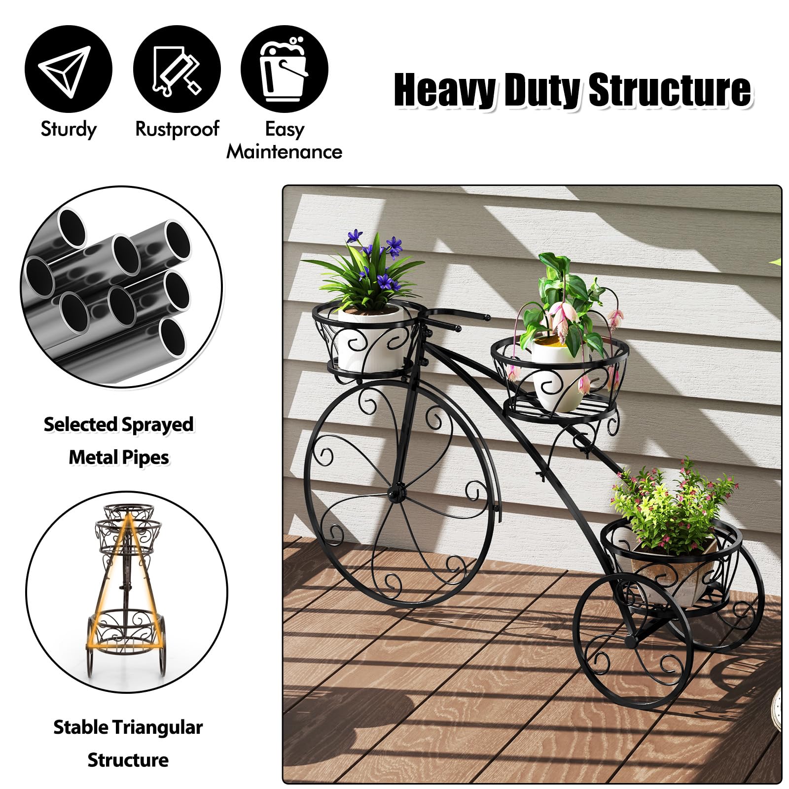 HOMASIS Support de Fleurs en Forme de Vélo, Échelle de Plantes en Métal avec 3 Niveaux, Jardinière pour Plantes, Style Vintage pour Jardin, Balcon, Bureau, Étagèrer, 85 x 25 x 50 cm, Noir