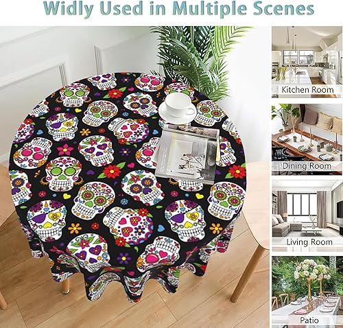 Miniatura 5 de UIUPRO Mantel redondo de 60 pulgadas, diseño de calavera de azúcar, mantel de día de muertos, impermeable, resistente a las manchas, a las arrugas,
