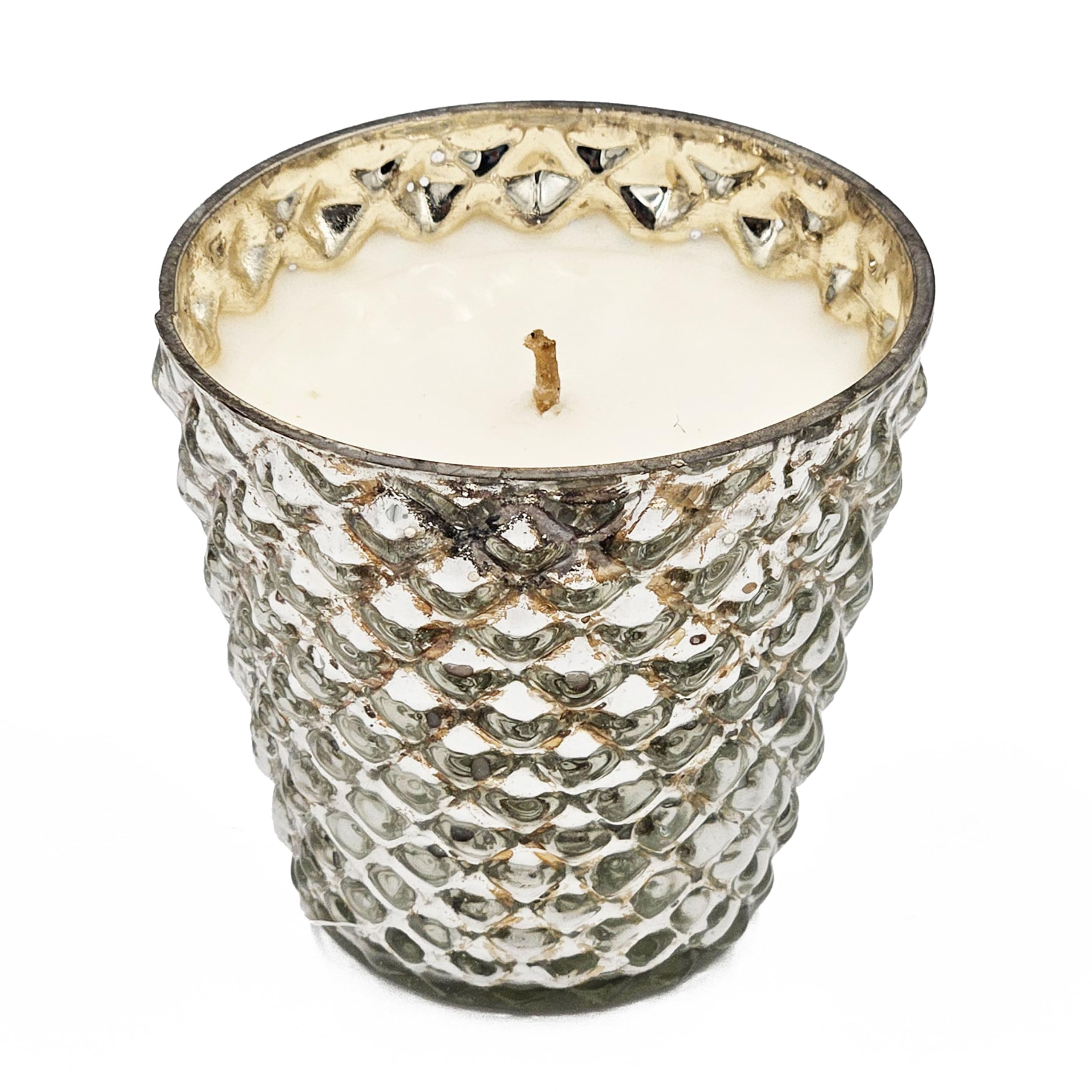 aphrophina Set of 4 Scented Soy Wax Candles with Silver Antiqued Glass Holders, Earl Grey Scent, Elegant Home Decor
