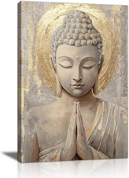 FajerminArt Gold Buddha Statue Canvas Wall Art Buddhist Spiritual Meditation Wall Pictures Beige Religious Buddha Canvas Painting Posters Prints Wall Decor for Yoga Spa Living Room Bedroom 30X40cm