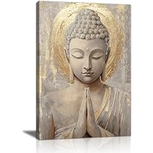 FajerminArt Gold Buddha Statue Canvas Wall Art Buddhist Spiritual Meditation Wall Pictures Beige Religious Buddha Canvas Painting Posters Prints Wall Decor for Yoga Spa Living Room Bedroom 40X60cm