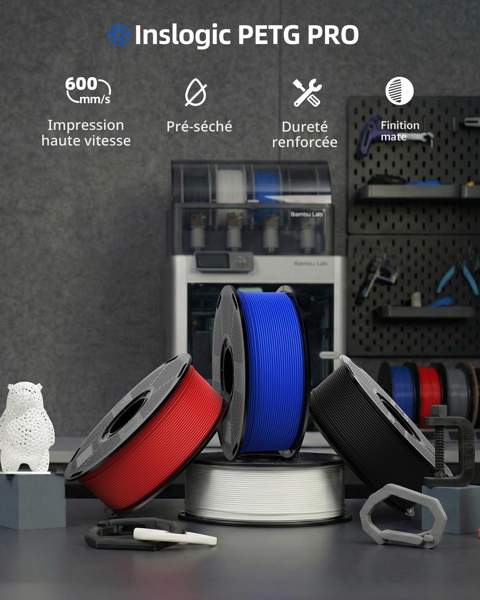 Inslogic Haute Vitesse Préchauffé PETG Pro 1.75mm, Mat PETG Pro 3D Impression Filament ±0.02mm, Plus Fort Toughness, 1kg Bobine Convient pour La Plupart FDM 3D Imprimantes (Bleu)