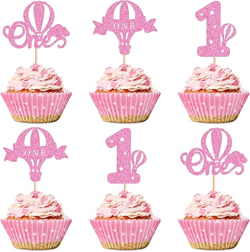 Ercadio Paquete de 24 globos aerostáticos para cupcakes, globos con purpurina rosa, un globo para magdalenas, 1 selección de cupcakes para globos de
