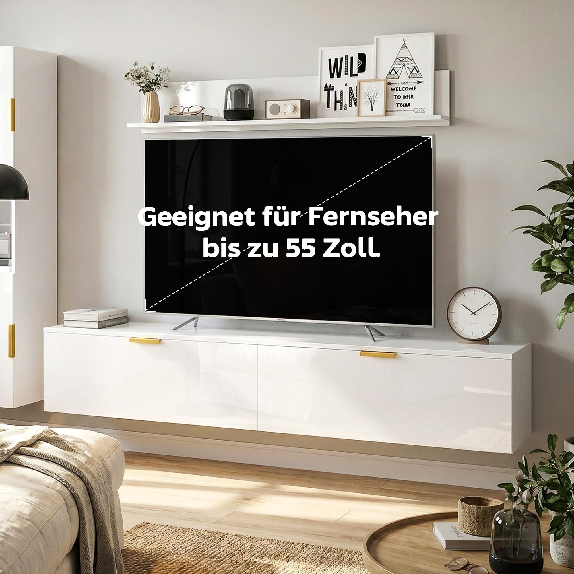 HOMCOM Meuble Mural pour Salon avec étagère Murale et Armoire de Rangement, Ensemble TV 3 pièces, Meuble TV avec Portes battantes, pour téléviseurs jusqu'à 55 Pouces, Blanc Brillant