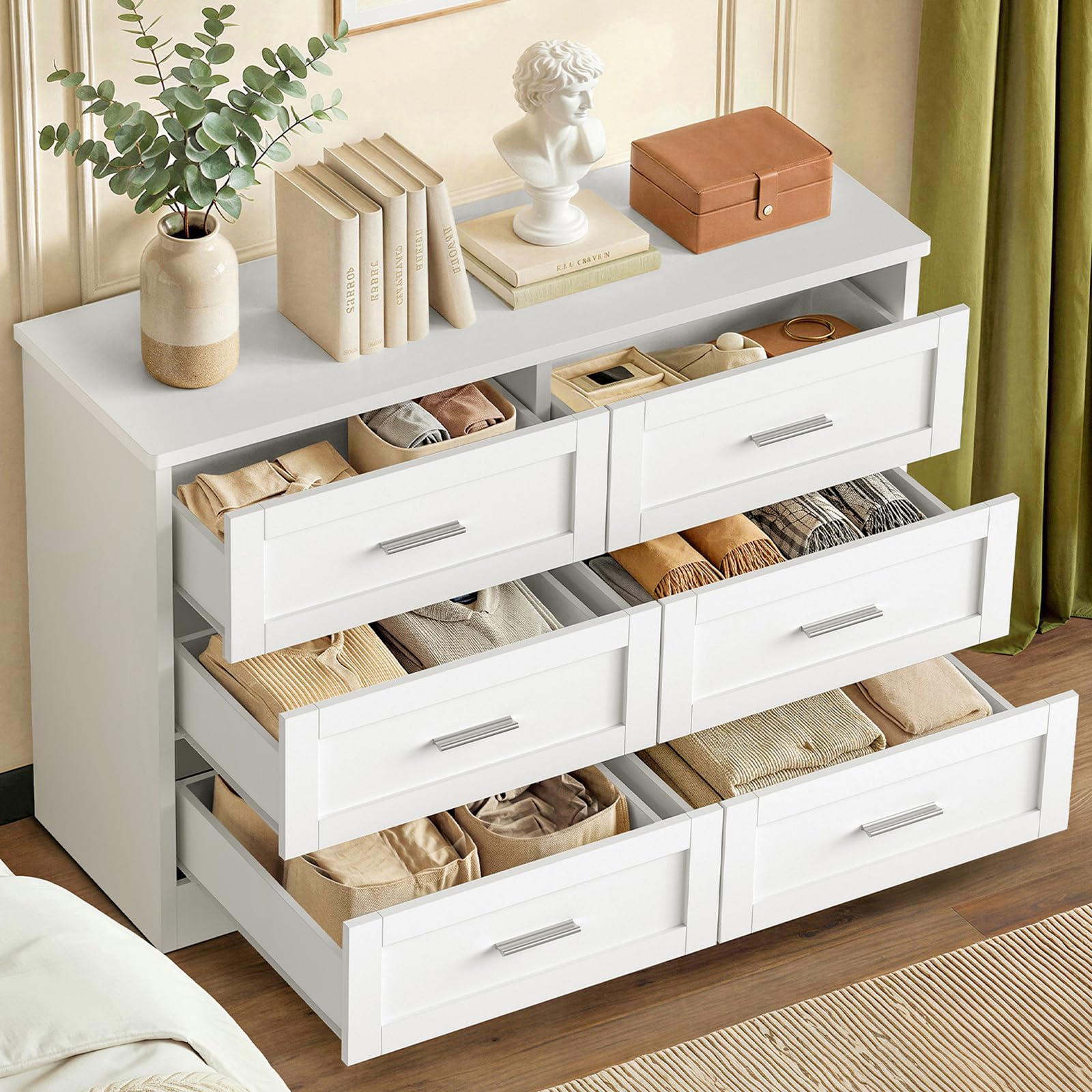 TEENFON Kommode mit 6 Schubladen, Weißer Komodenschrank für Schlafzimmer - Multifunktionales Sideboard für Wohnzimmer, Esszimmer, Flur, 107 x 35 x 75.5 cm
