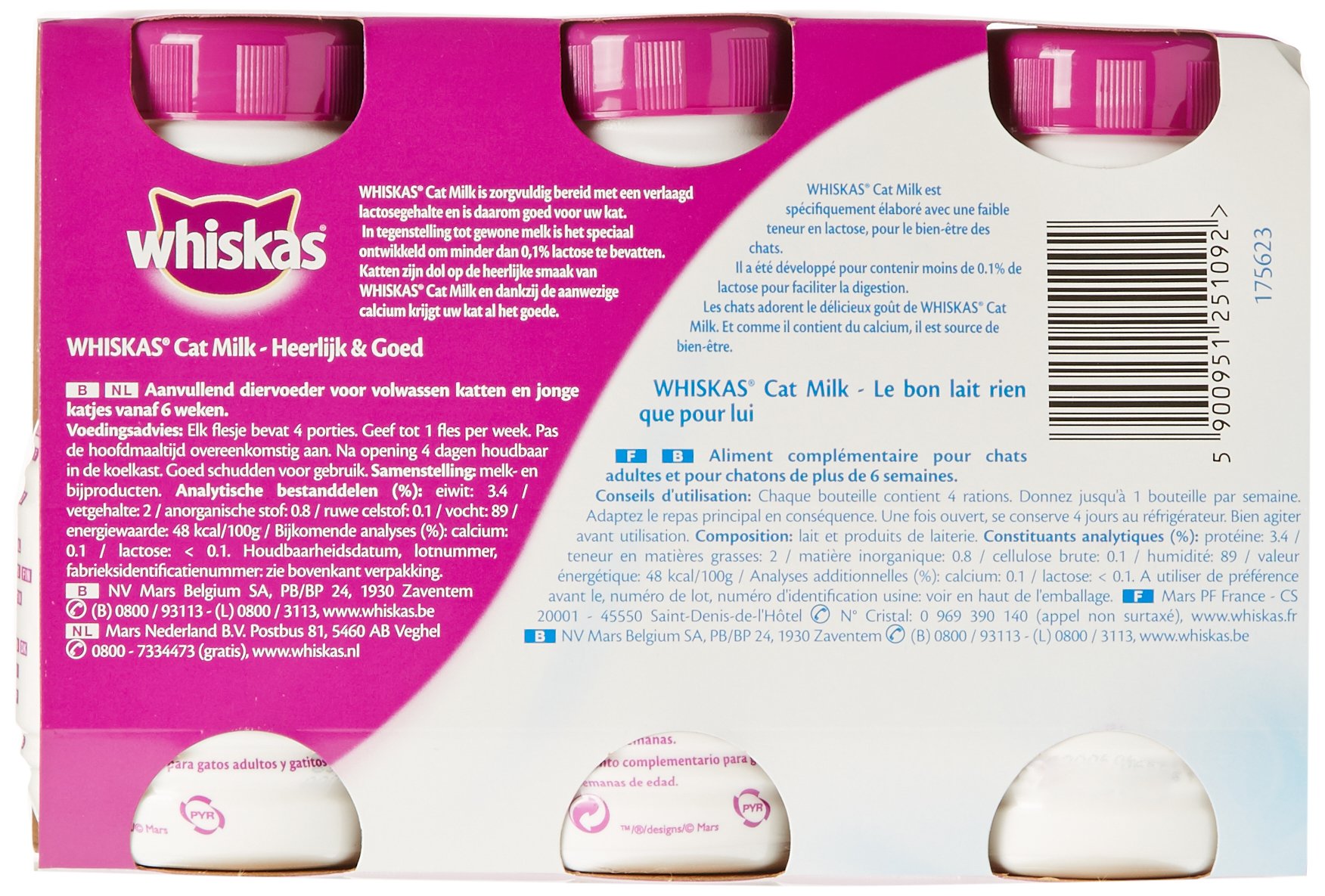 WHISKAS Gourmet Milchflaschen für Katzen und Kätzchen — mit Vitaminen und Kalzium — 5 Stück (3 x 200 ml)