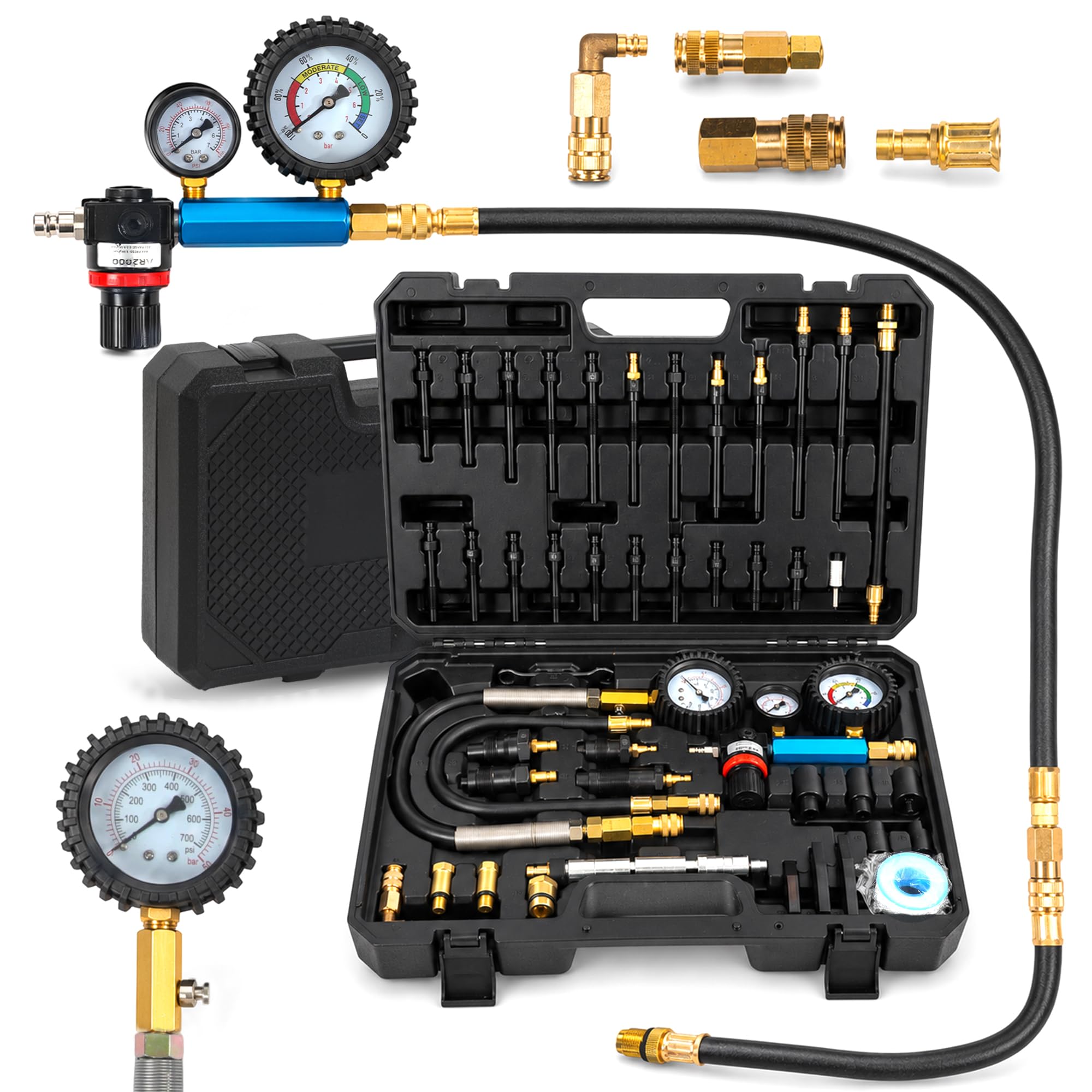 46 Pièces Kit de Testeur de Compression Automobile avec Manomètre à Double Cadran Diesel & Essence Compressiometre Test d'étanchéité cylindres Test Perte Pression pour HDi, TDCi, Pompe Injection (PD)