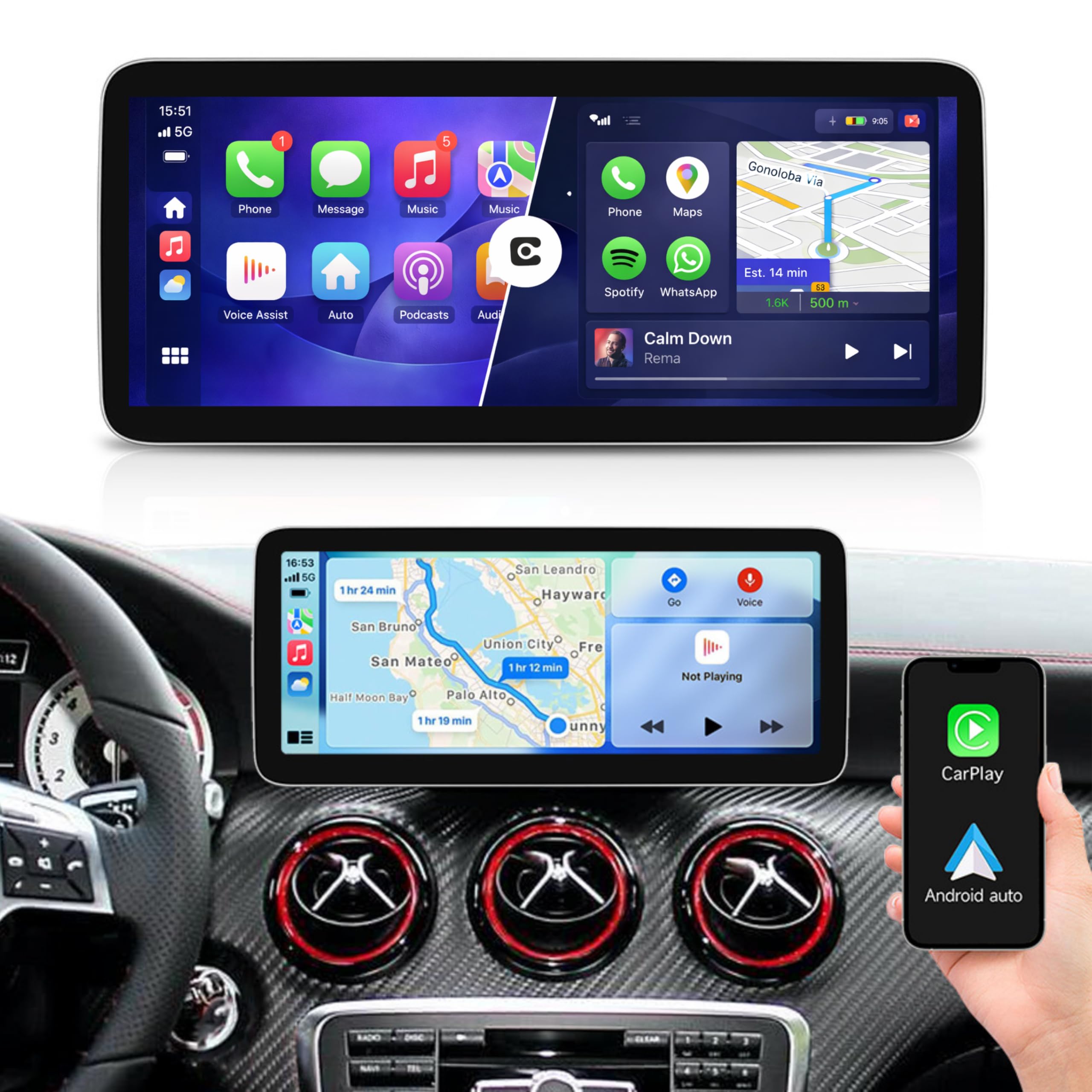 Monitor 10.25" Mercedes Classe A W176 CLA C117 GLA X156 NTG 4.5 4.7 Linux Apple CarPlay Android Auto Wireless Schermo HD IPS OEM Plug & Play